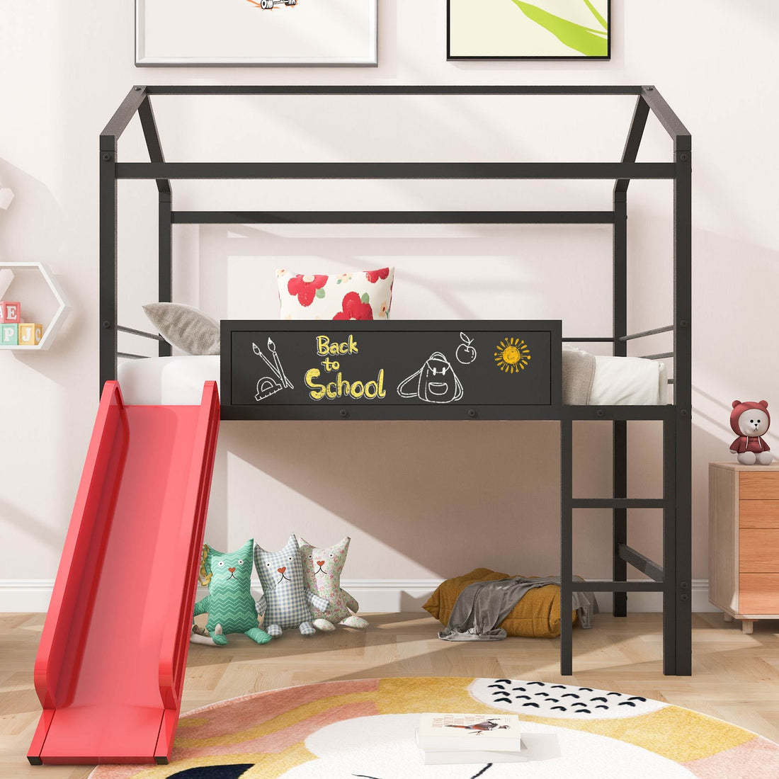 Metal House Bed With Slide, Twin Size Metal Loft Bed With Two Sided Writable Wooden Board Black And Red Black Metal