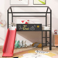 Metal House Bed With Slide, Twin Size Metal Loft Bed With Two Sided Writable Wooden Board Black And Red Black Metal
