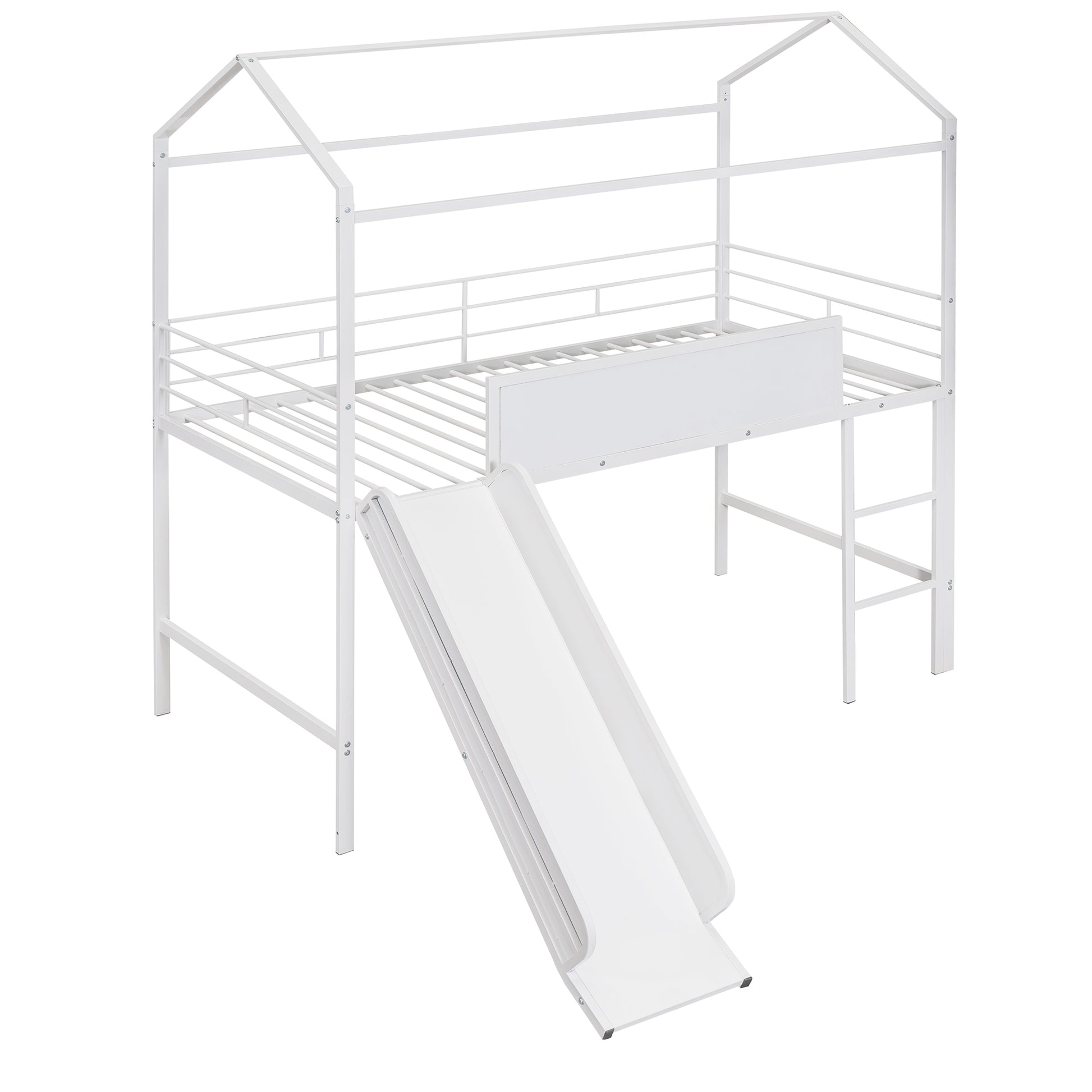 Metal House Bed With Slide, Twin Size Metal Loft Bed With Two Sided Writable Wooden Board White White Metal