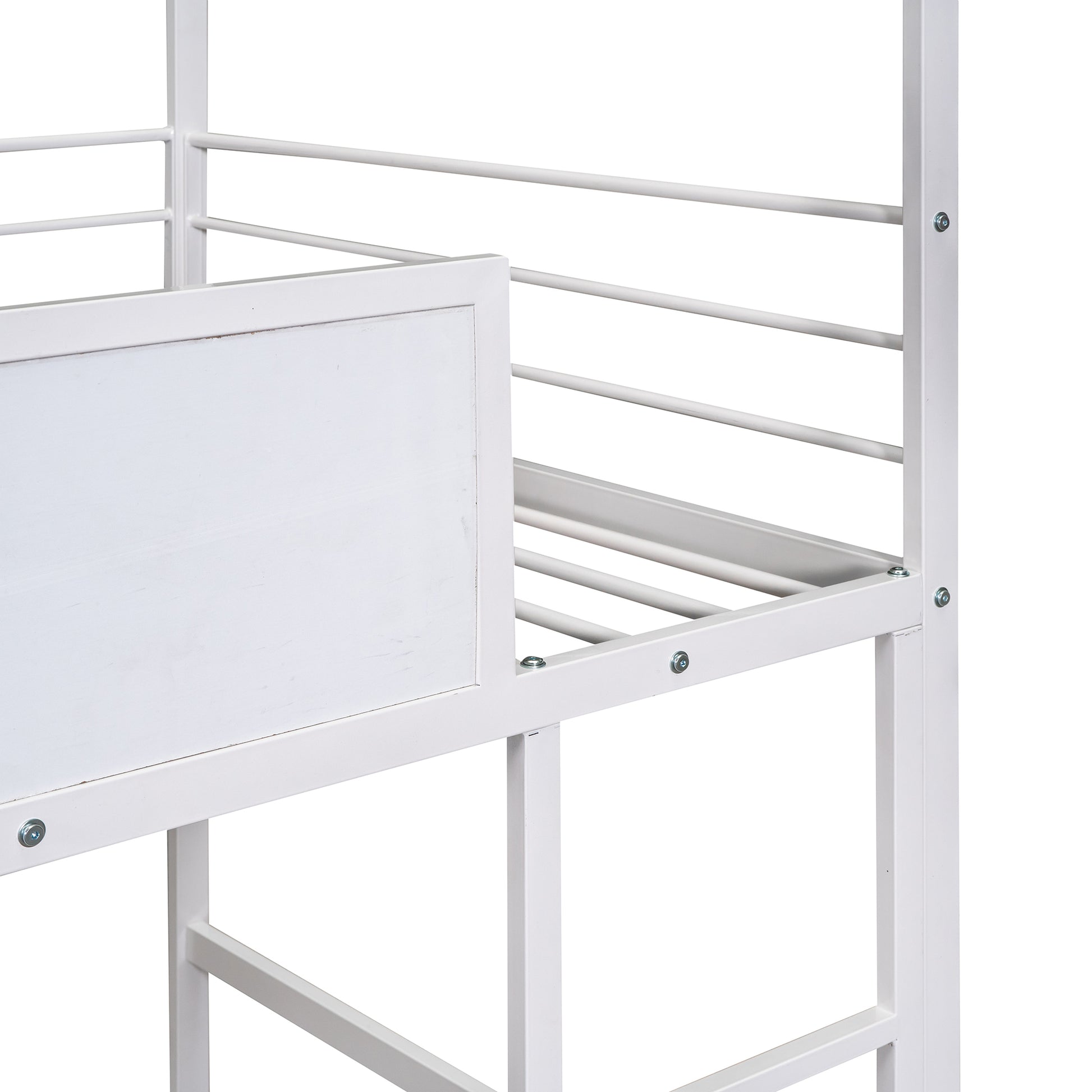 Metal House Bed With Slide, Twin Size Metal Loft Bed With Two Sided Writable Wooden Board White White Metal