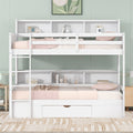 Twin Size Bunk Bed With Built In Shelves Beside Both Upper And Down Bed And Storage Drawer,White White Pine