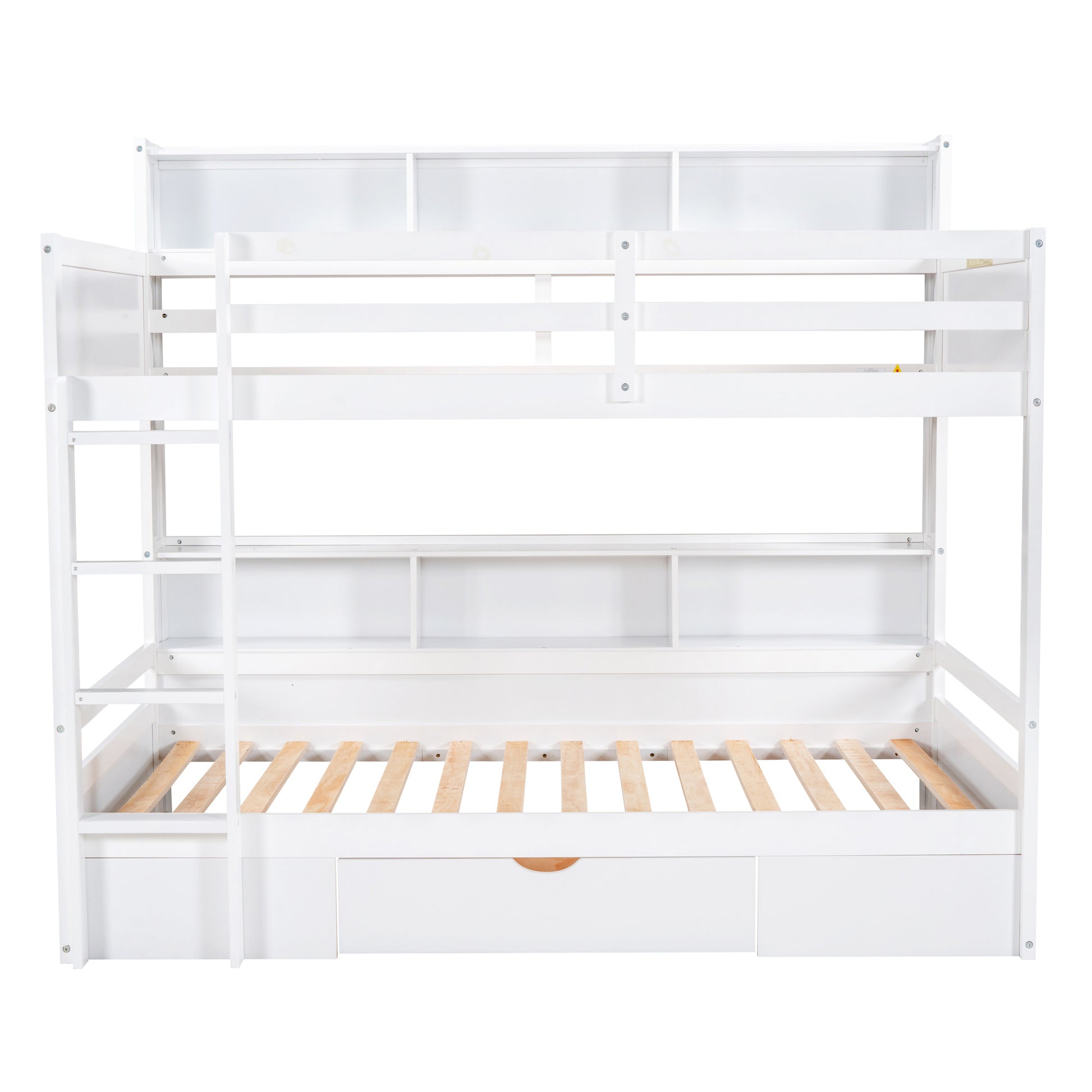Twin Size Bunk Bed With Built In Shelves Beside Both Upper And Down Bed And Storage Drawer,White White Pine