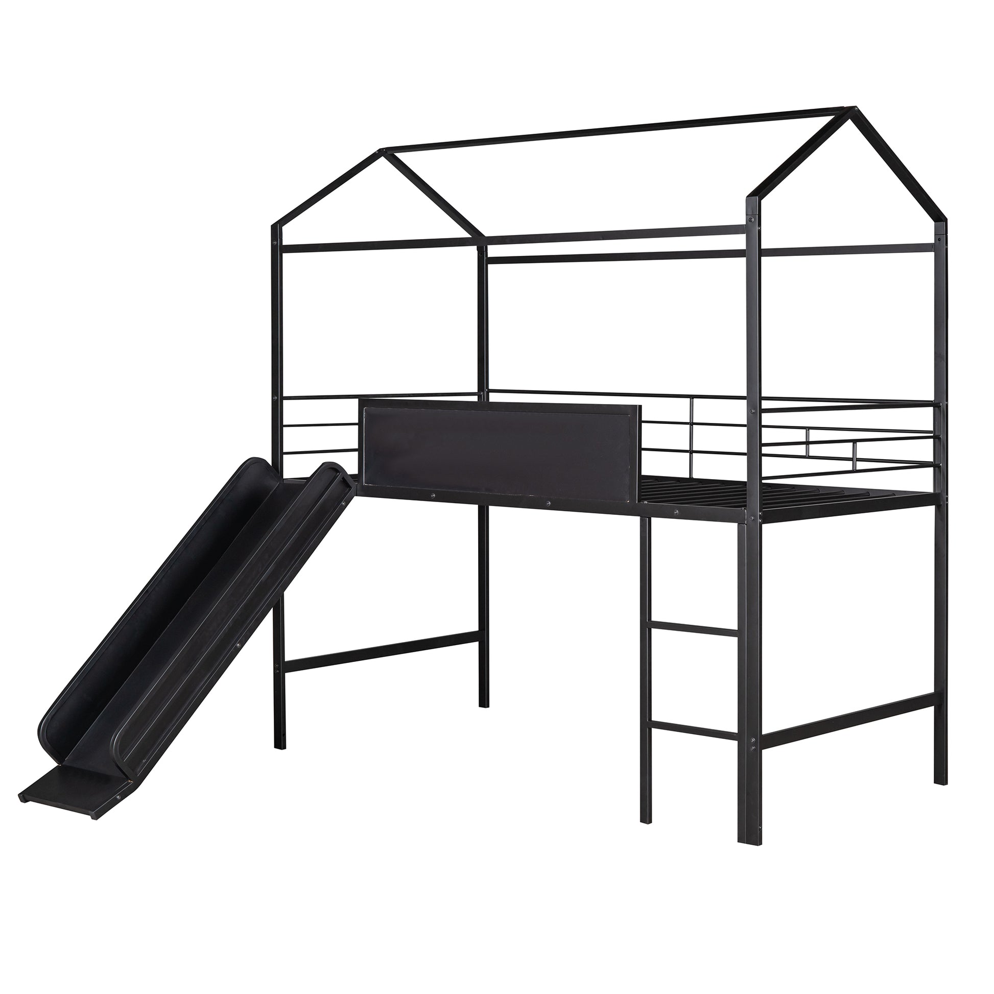 Metal House Bed With Slide, Twin Size Metal Loft Bed With Two Sided Writable Wooden Board Black Black Metal