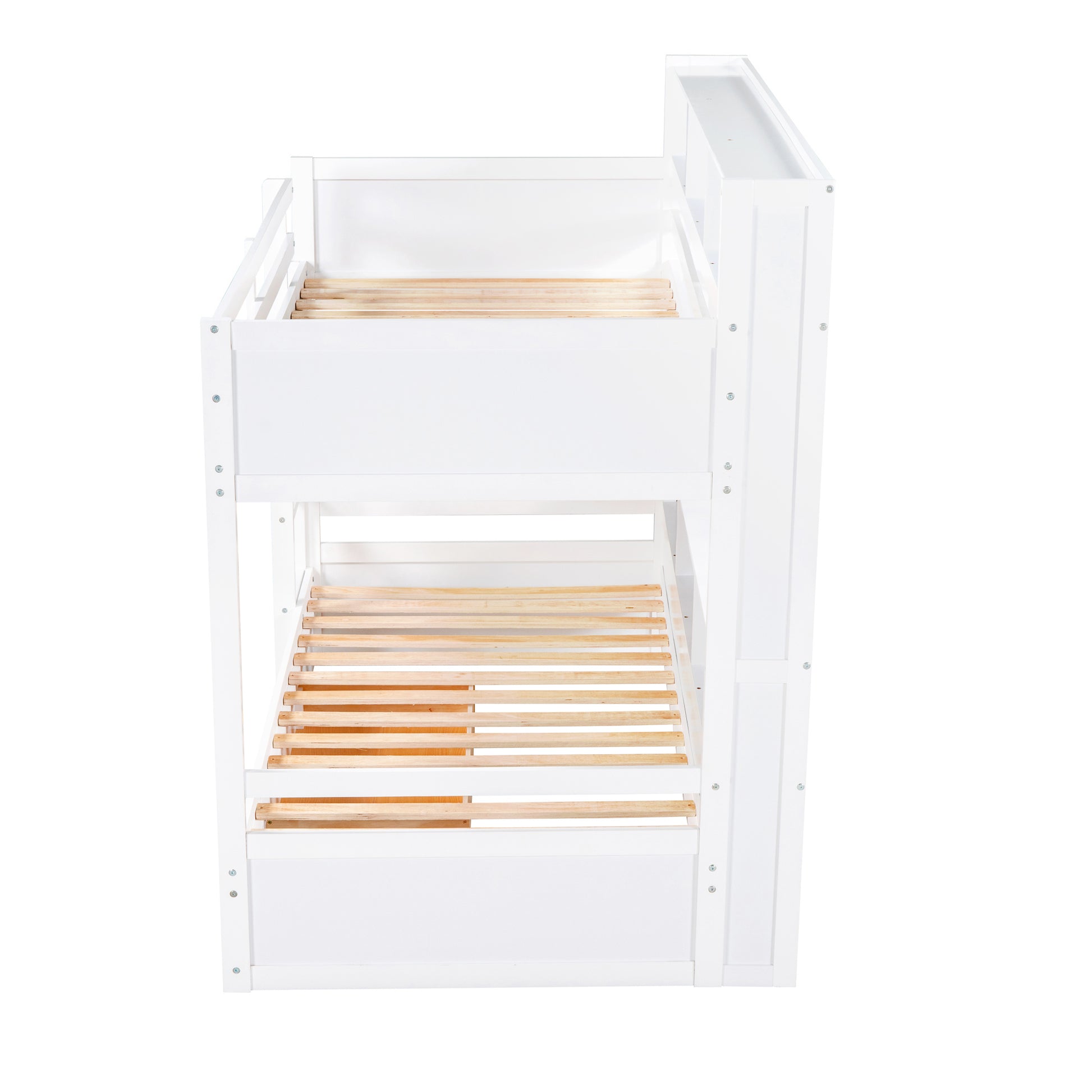 Twin Size Bunk Bed With Built In Shelves Beside Both Upper And Down Bed And Storage Drawer,White White Pine