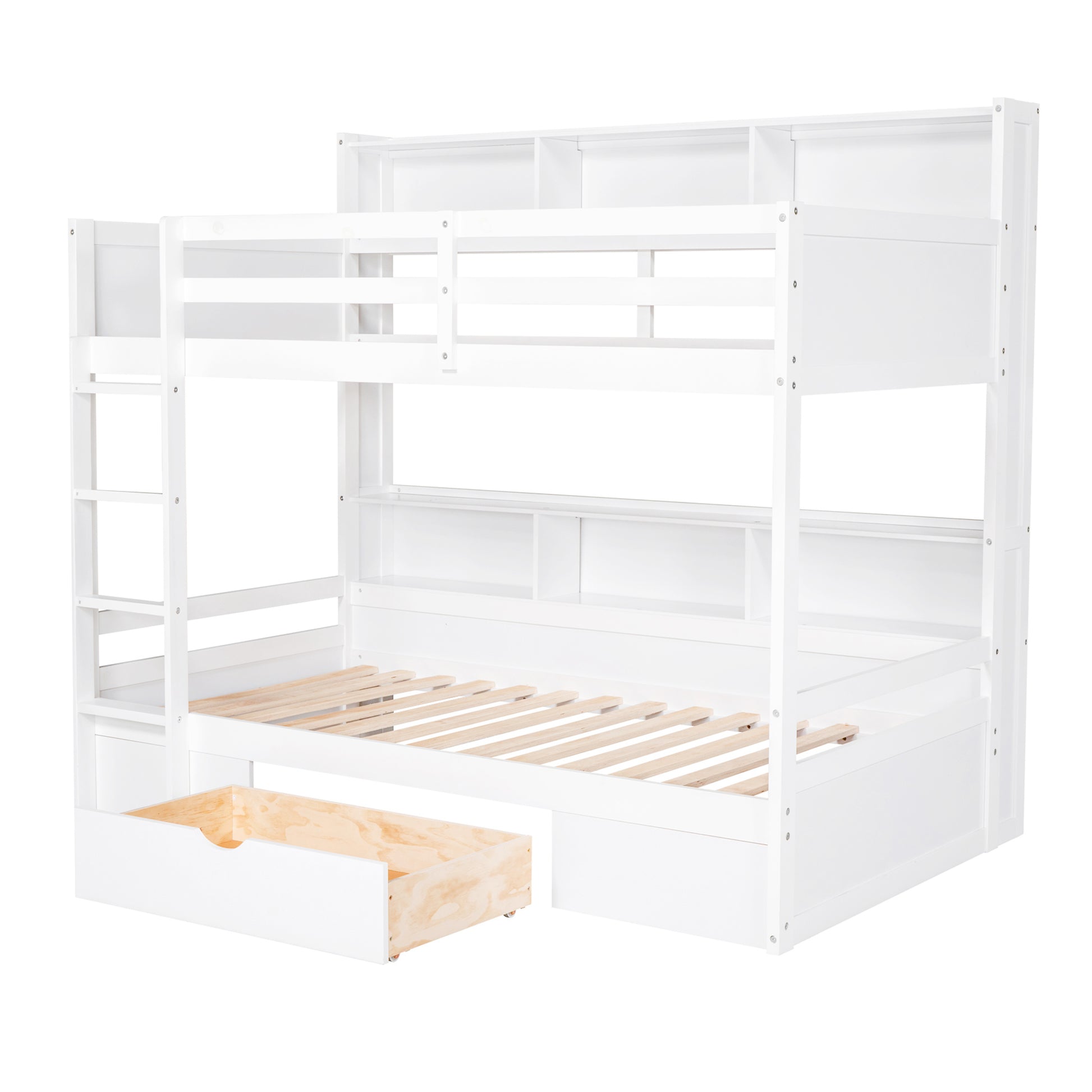 Twin Size Bunk Bed With Built In Shelves Beside Both Upper And Down Bed And Storage Drawer,White White Pine