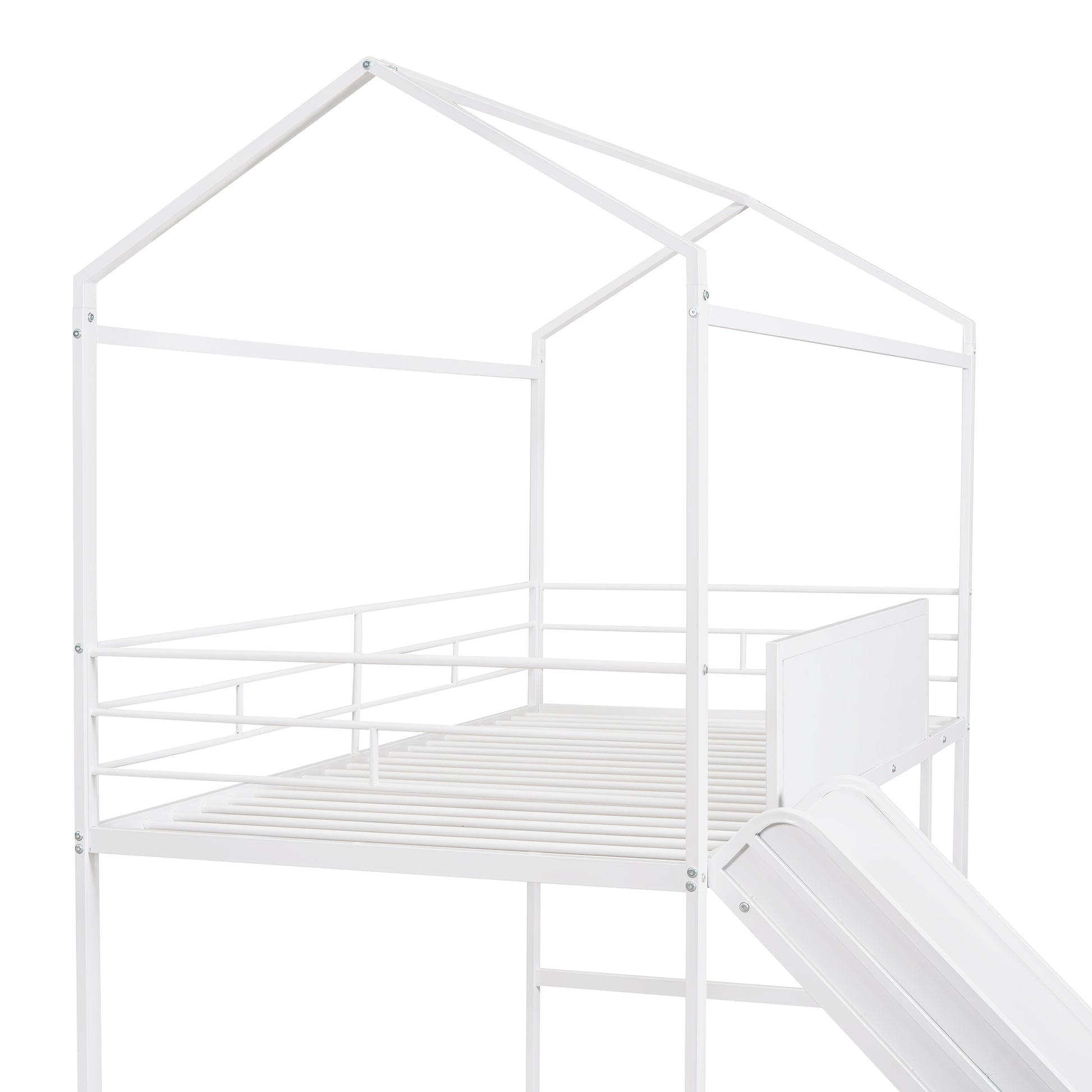 Metal House Bed With Slide, Twin Size Metal Loft Bed With Two Sided Writable Wooden Board White White Metal
