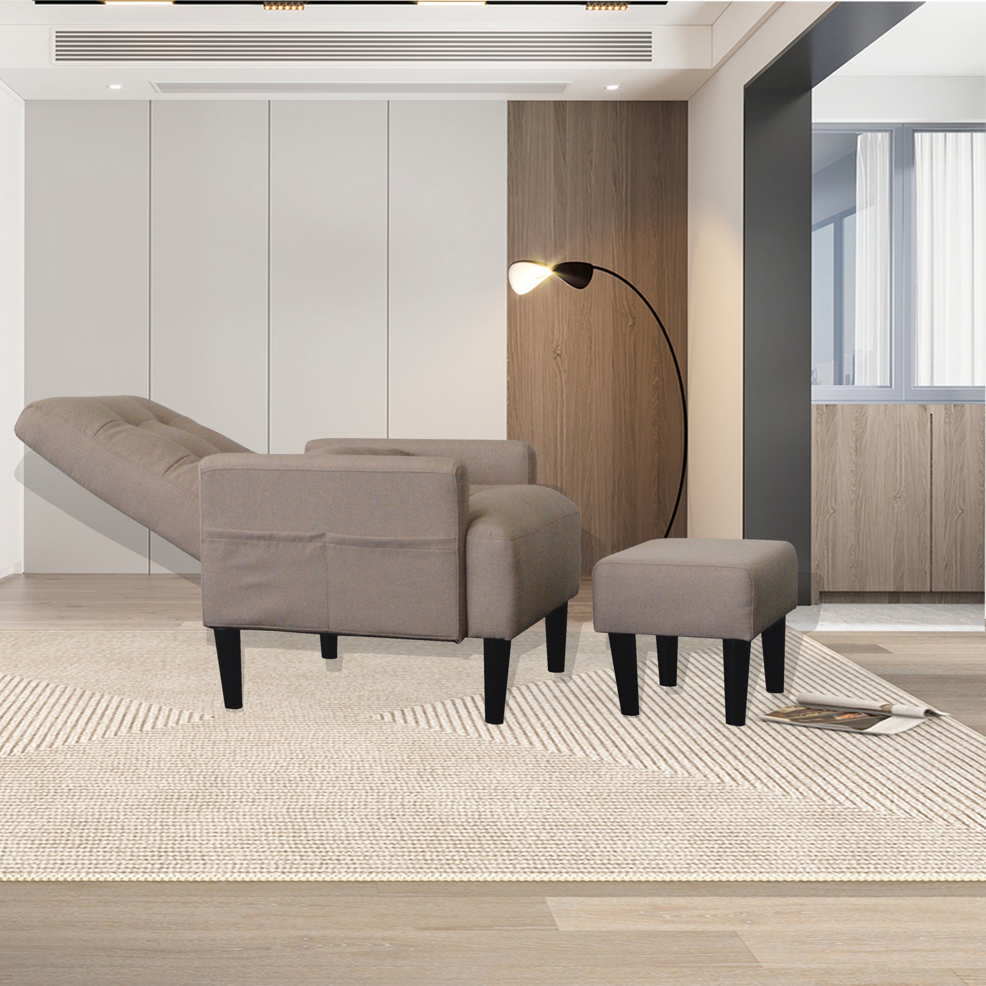 Redde Boo Brown Living Room Sofa Single Chair And Ottoman, Modern Multi Function Fabric Living Room Sofa Lounge Chair Bed And Stool.Soft Leisure Single Chair Adjustable Into 5 Angles With Sofa Bed Gray Modern Foam Fabric