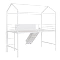 Metal House Bed With Slide, Twin Size Metal Loft Bed With Two Sided Writable Wooden Board White White Metal