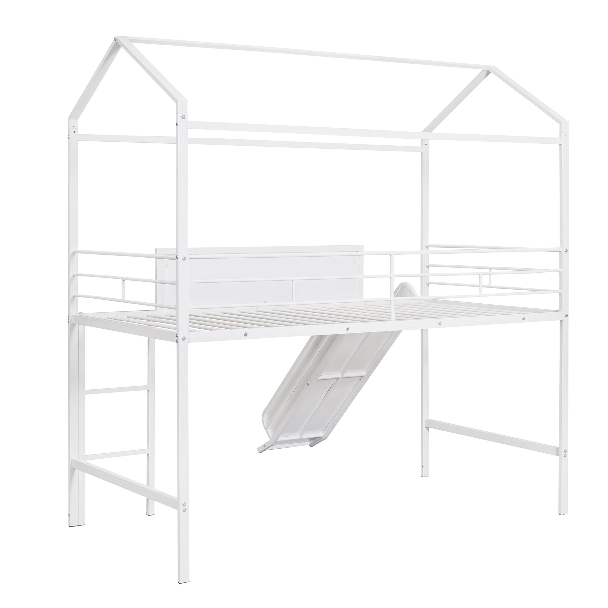 Metal House Bed With Slide, Twin Size Metal Loft Bed With Two Sided Writable Wooden Board White White Metal