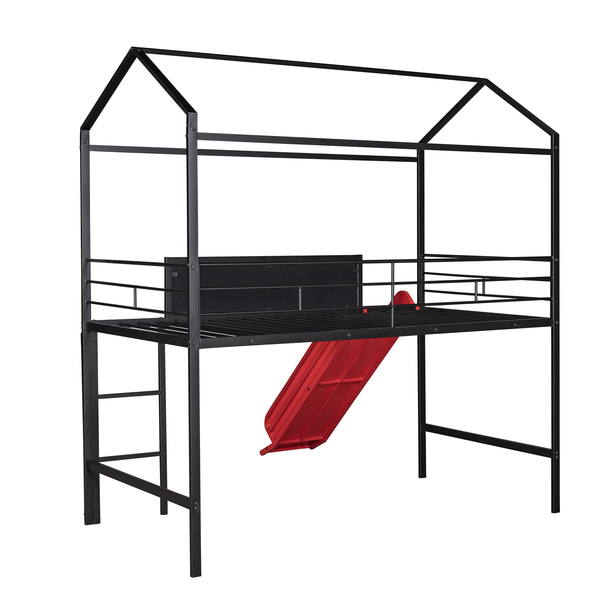 Metal House Bed With Slide, Twin Size Metal Loft Bed With Two Sided Writable Wooden Board Black And Red Black Metal