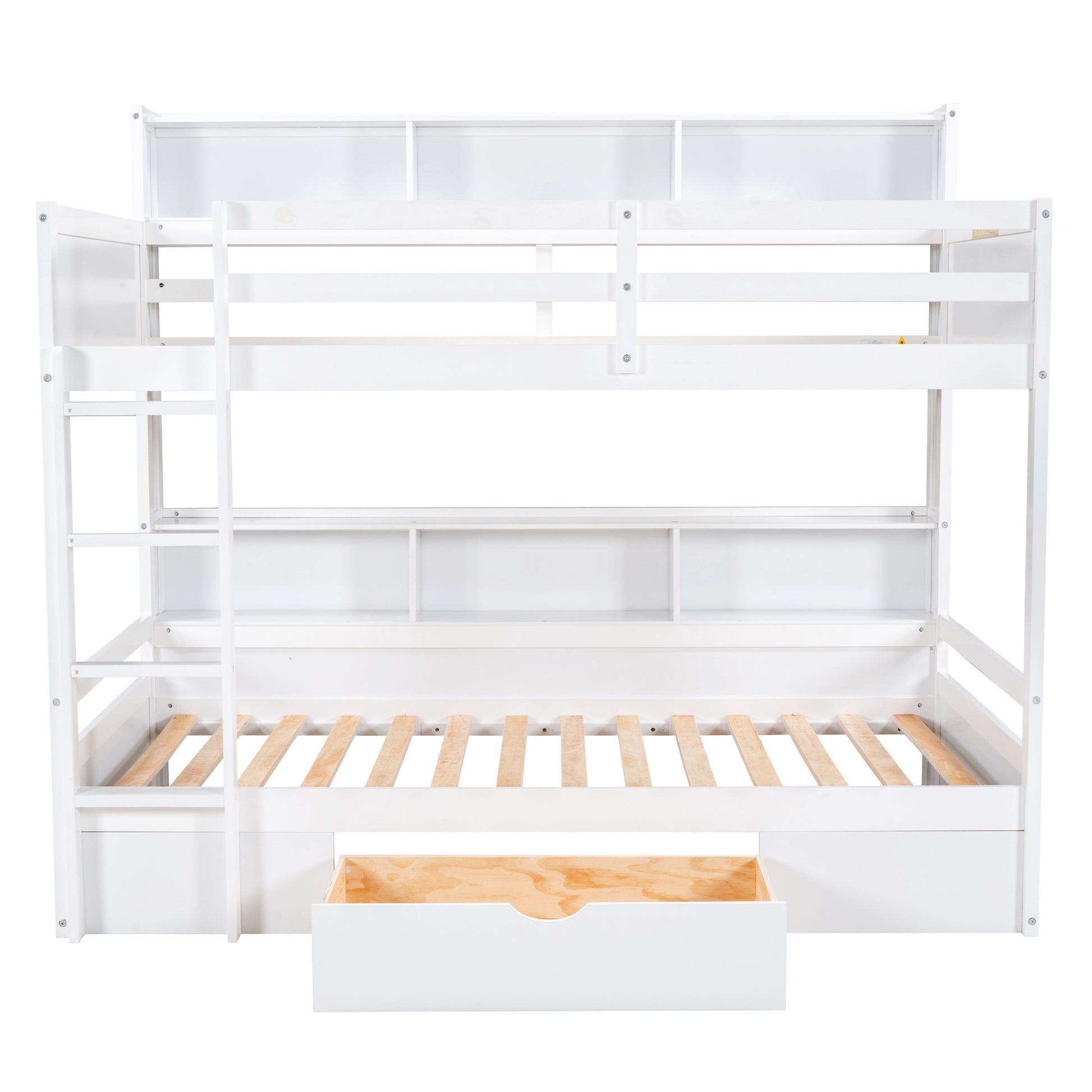 Twin Size Bunk Bed With Built In Shelves Beside Both Upper And Down Bed And Storage Drawer,White White Pine