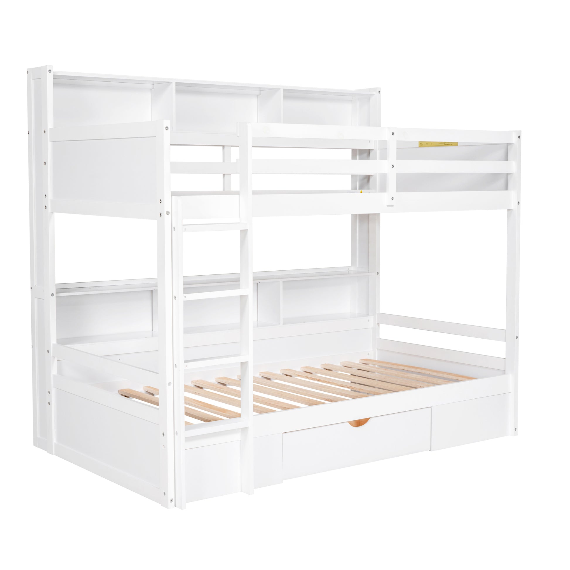 Twin Size Bunk Bed With Built In Shelves Beside Both Upper And Down Bed And Storage Drawer,White White Pine
