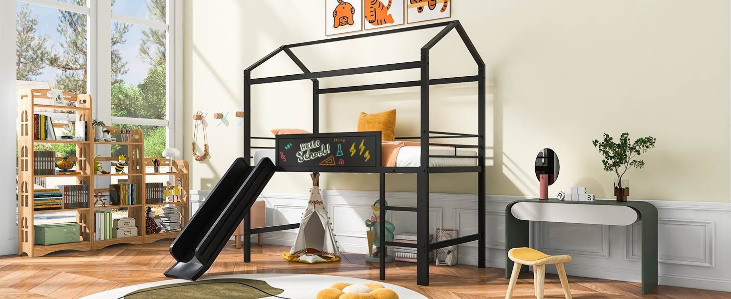 Metal House Bed With Slide, Twin Size Metal Loft Bed With Two Sided Writable Wooden Board Black Black Metal