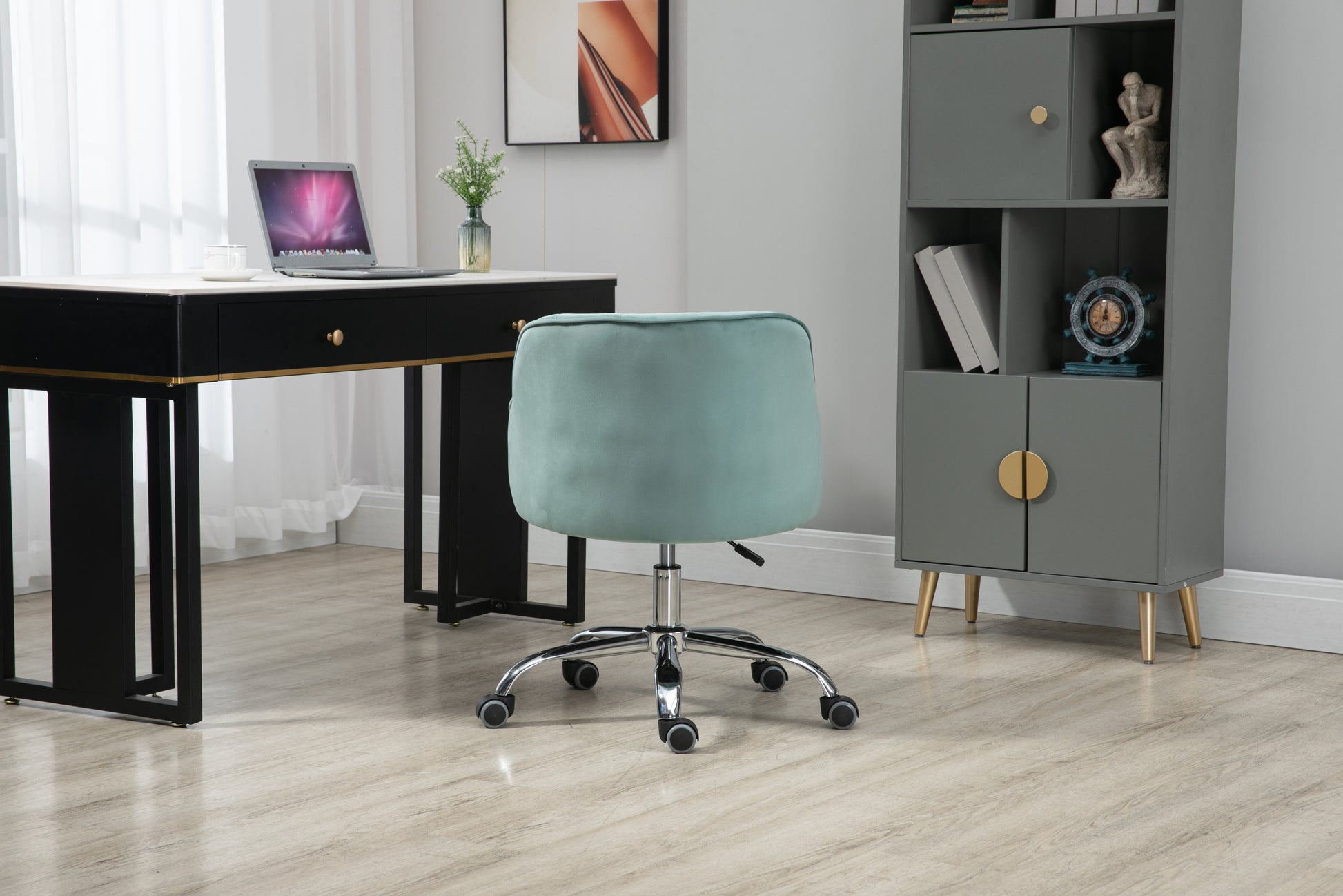 Coolmore Velvet Home Office Desk Chair, Modern Cute Computer Chair, Wheels Swivel Height Adjustable Swivel Task Chair For Home Office Mint Green Velvet Mint Green Foam Metal