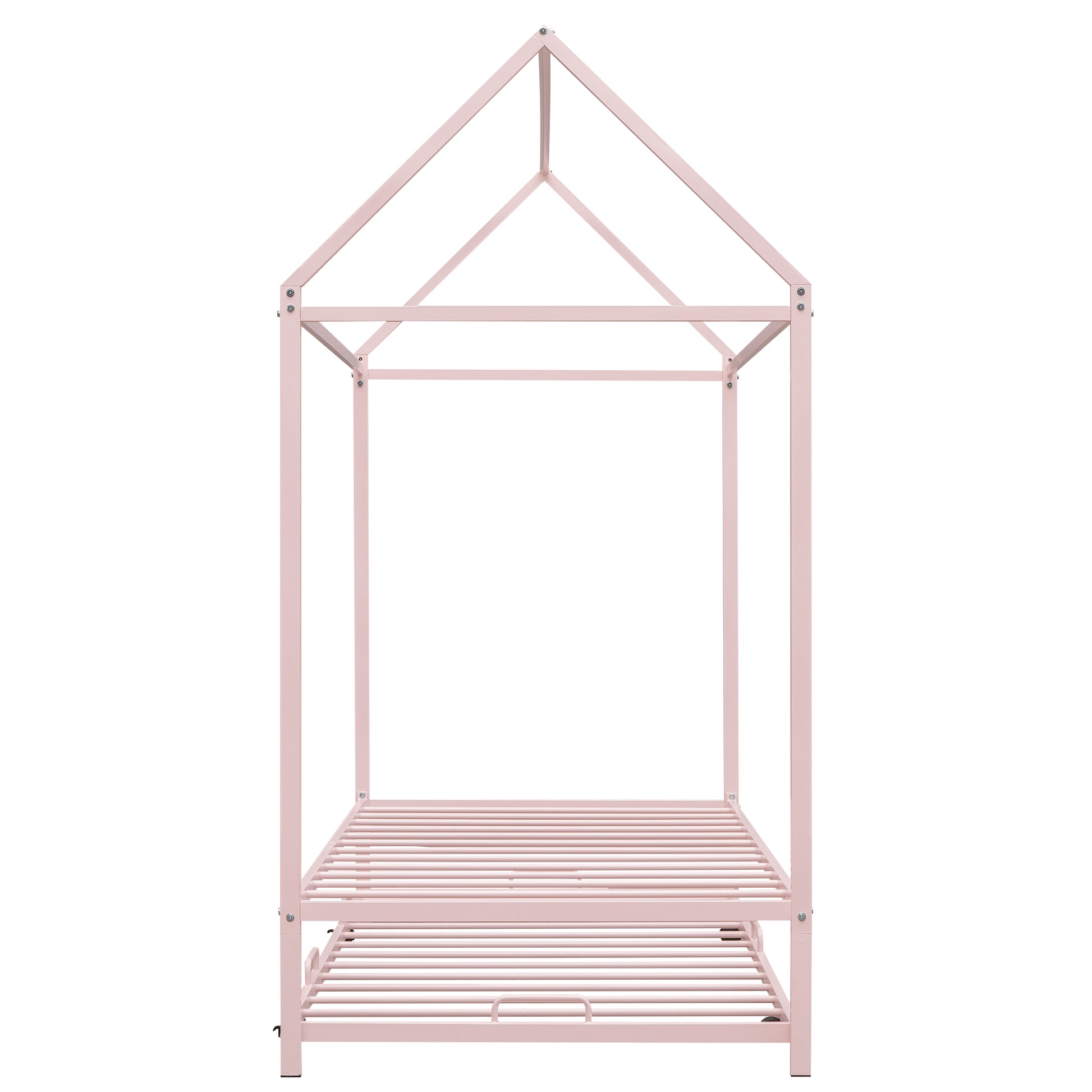 Twin Size Kids House Bed With Trundle, Metal House Bed Pink Pink Metal
