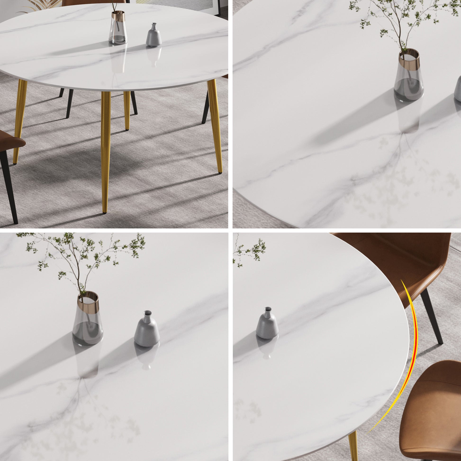 59.05"Modern Man Made Stone Round Golden Metal Dining Table Position For 6 People White Metal Marble