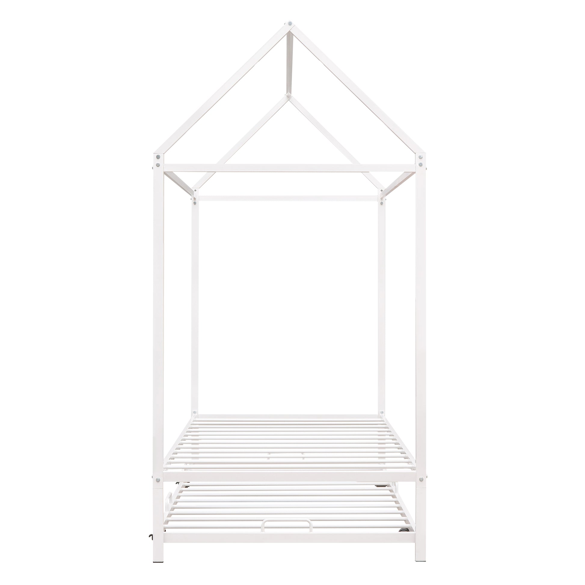 Twin Size Kids House Bed With Trundle, Metal House Bed White White Metal