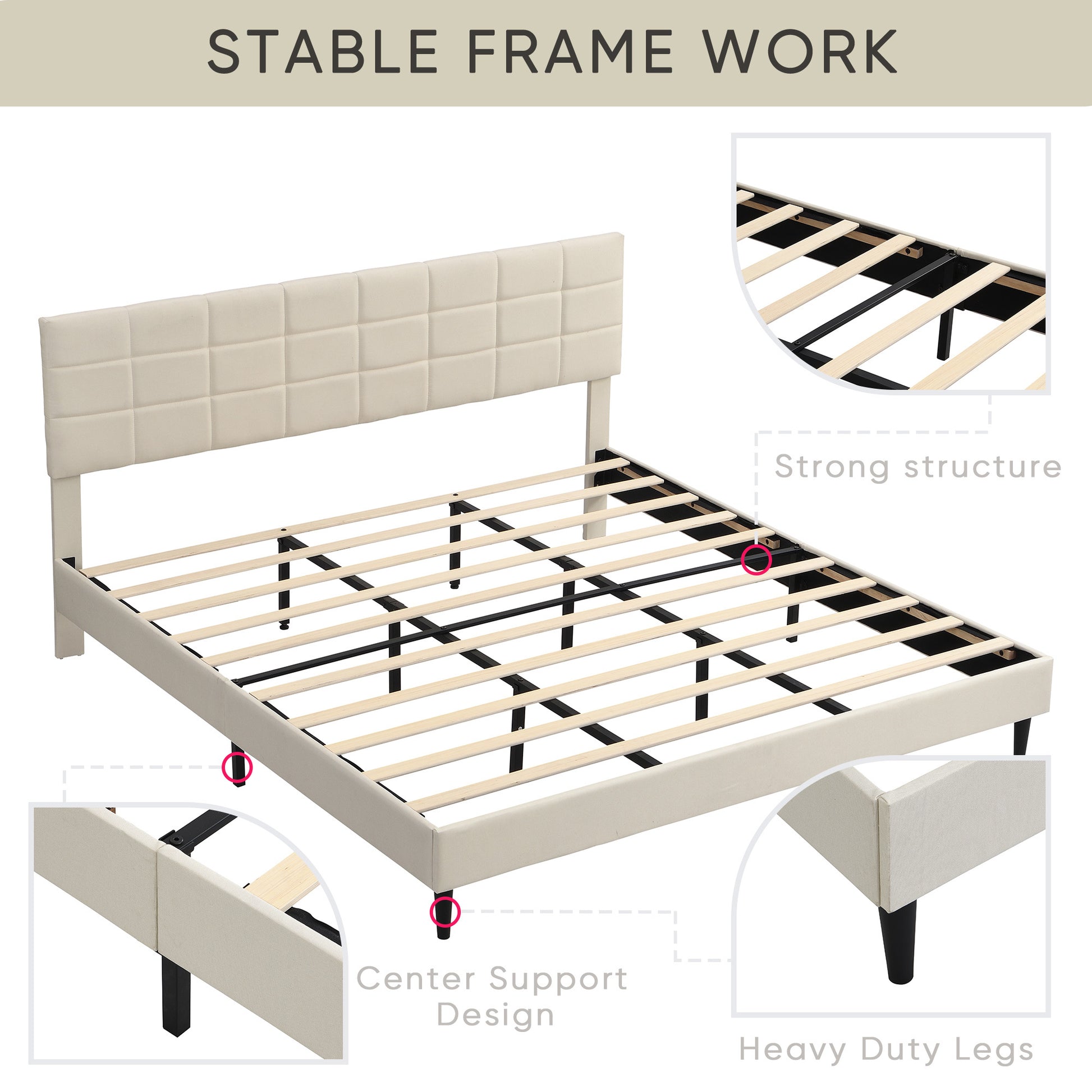 King Size Platform Bed Frame With Fabric Upholstered Headboard And Wooden Slats, No Box Spring Needed Easy Assembly, Dark Beige Beige Metal & Wood