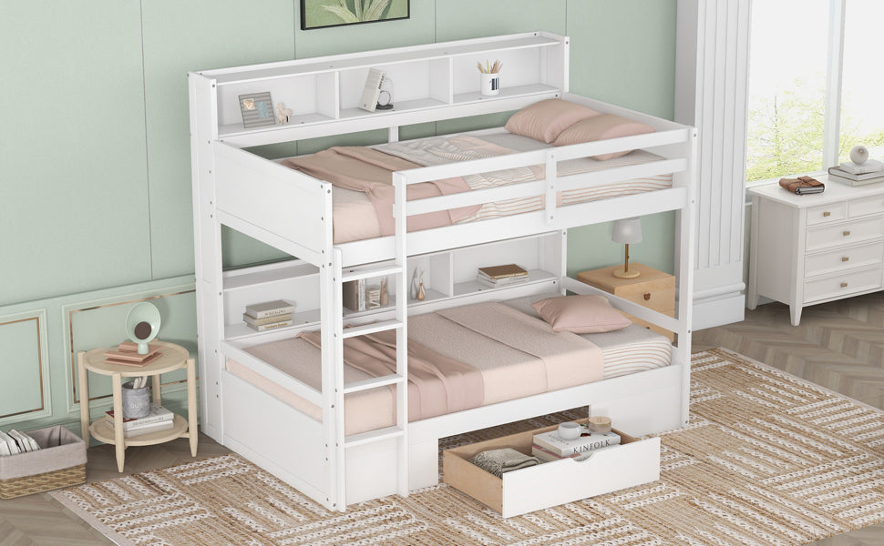 Twin Size Bunk Bed With Built In Shelves Beside Both Upper And Down Bed And Storage Drawer,White White Pine