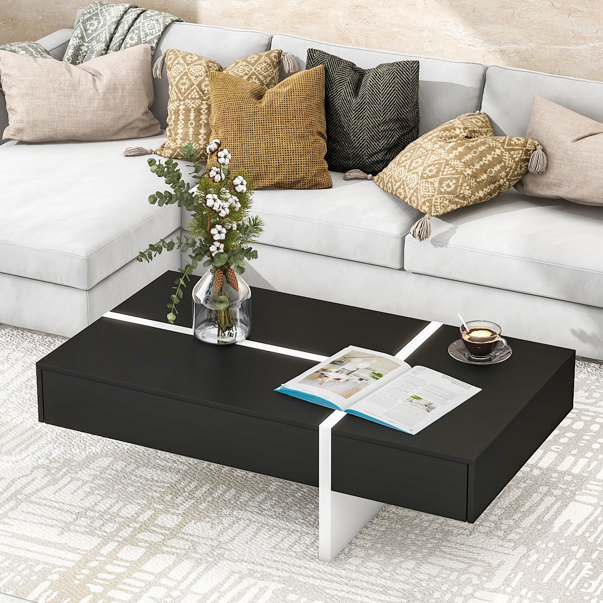 Contemporary Rectangle Design Living Room Furniture, Modern High Gloss Surface Cocktail Table, Center Table For Sofa Or Upholstered Chairs, 45.2*25.5*13.7In, Black Black Particle Board