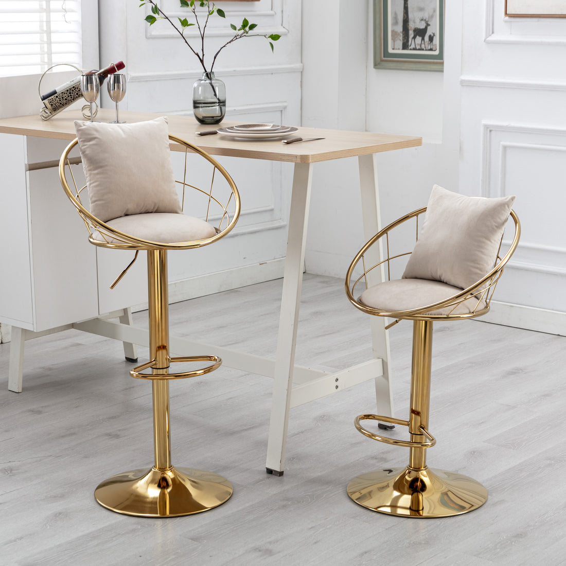 Off White Velvet Bar Chair, Pure Gold Plated, Unique Design,360 Degree Rotation, Adjustable Height,Suitable For Dinning Room And Bar,Set Of 2 Off White Velvet