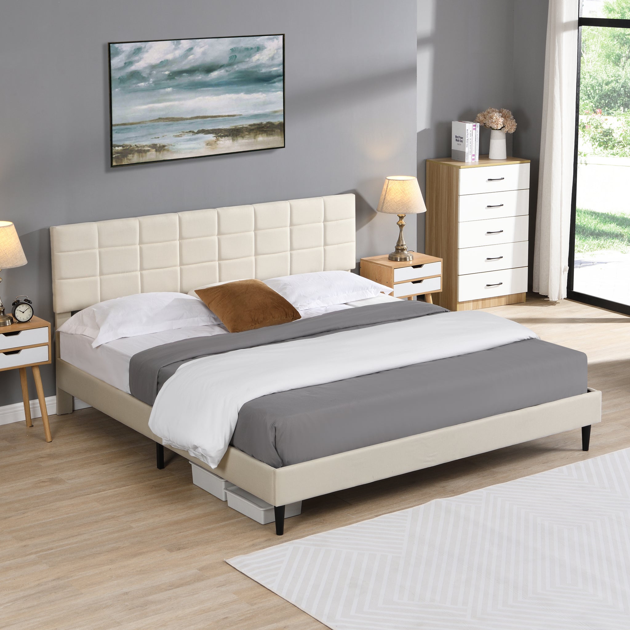 King Size Platform Bed Frame With Fabric Upholstered Headboard And Wooden Slats, No Box Spring Needed Easy Assembly, Dark Beige Beige Metal & Wood