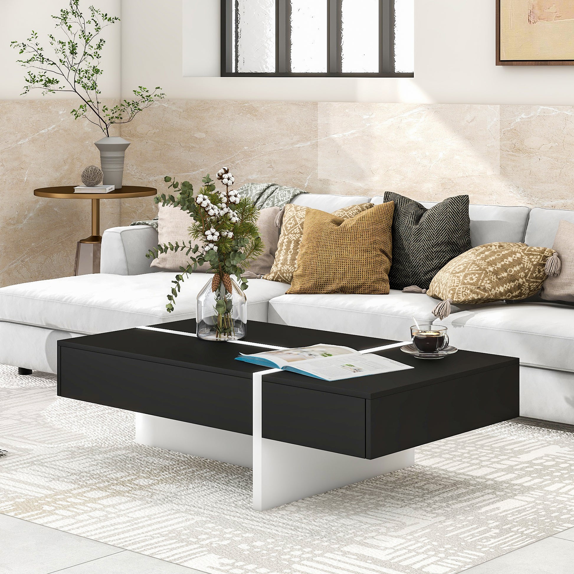Contemporary Rectangle Design Living Room Furniture, Modern High Gloss Surface Cocktail Table, Center Table For Sofa Or Upholstered Chairs, 45.2*25.5*13.7In, Black Black Particle Board