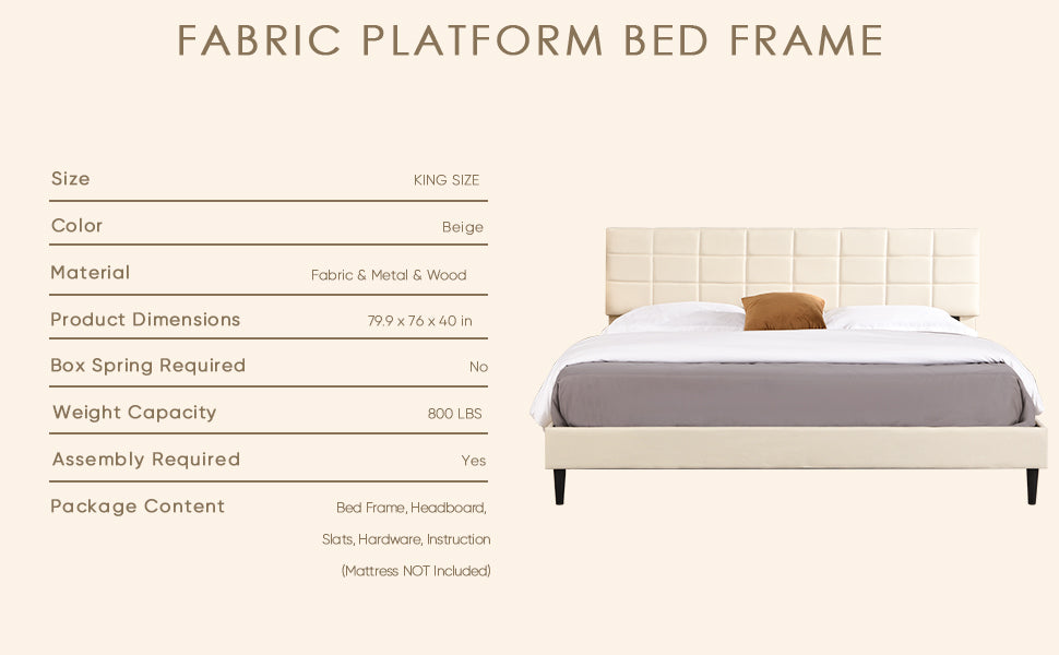 King Size Platform Bed Frame With Fabric Upholstered Headboard And Wooden Slats, No Box Spring Needed Easy Assembly, Dark Beige Beige Metal & Wood