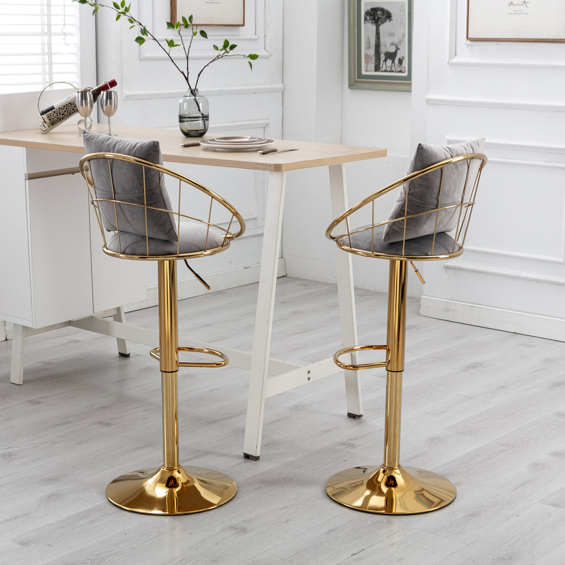 Grey Velvet Bar Chair, Pure Gold Plated, Unique Design,360 Degree Rotation, Adjustable Height,Suitable For Dinning Room And Bar,Set Of 2 Grey Velvet