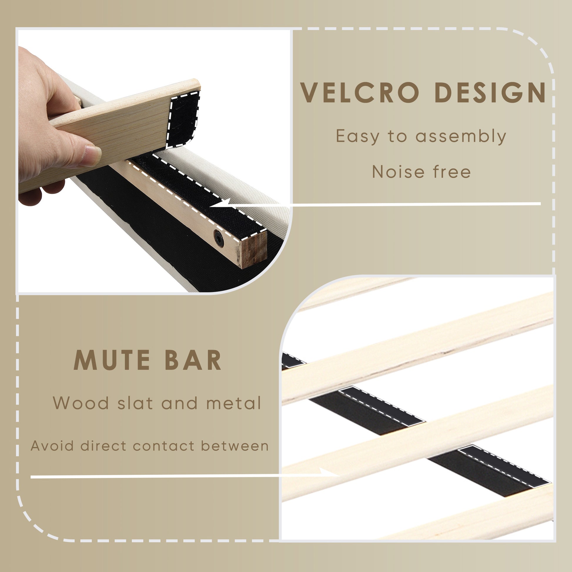 King Size Platform Bed Frame With Fabric Upholstered Headboard And Wooden Slats, No Box Spring Needed Easy Assembly, Dark Beige Beige Metal & Wood