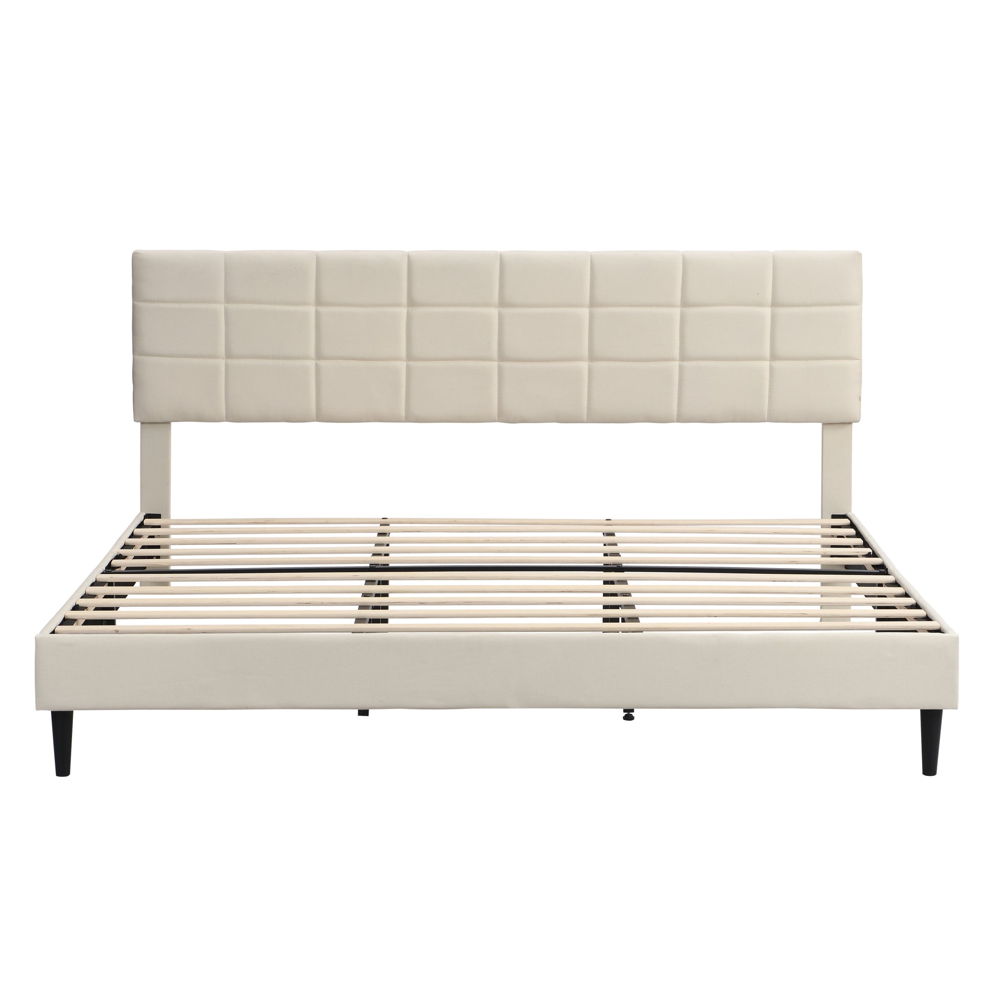 King Size Platform Bed Frame With Fabric Upholstered Headboard And Wooden Slats, No Box Spring Needed Easy Assembly, Dark Beige Beige Metal & Wood