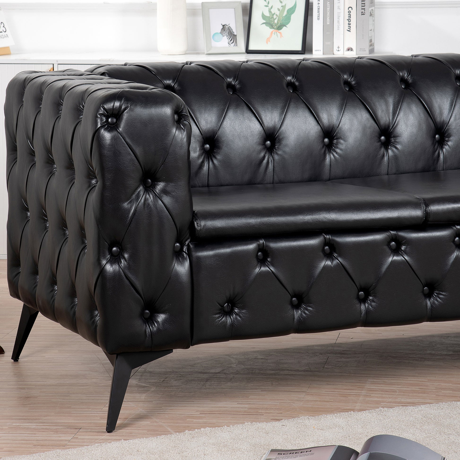 84.06 Inch Width Traditional Square Arm Removable Cushion 3 Seater Sofa Black Foam Pu