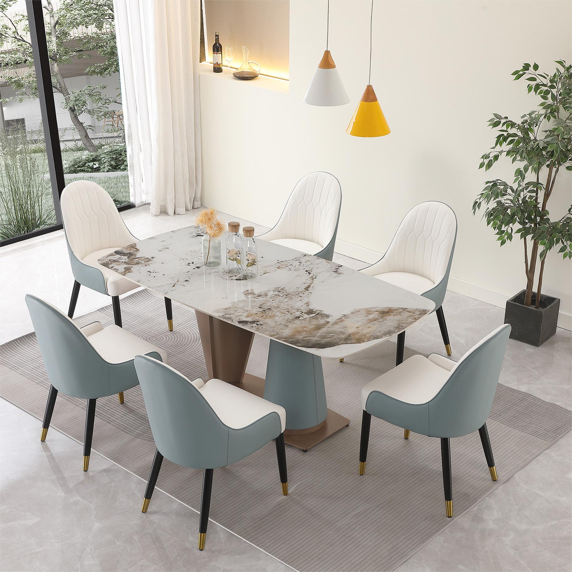71" Pandora Color Sintered Stone Dining Table With 6 Pcs Chairs Beige Brown Carbon Steel Sintered Stone
