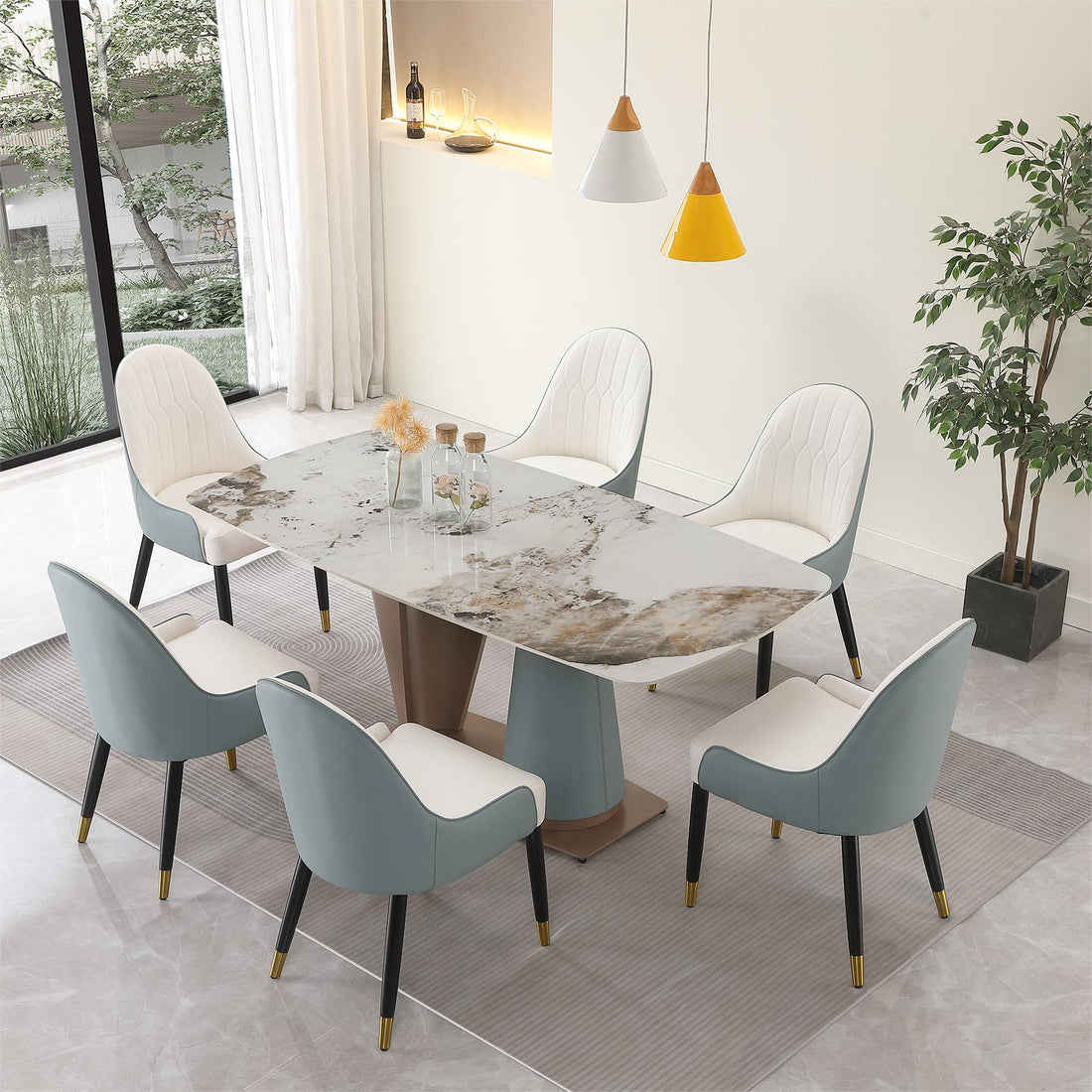 71" Pandora Color Sintered Stone Dining Table With 6 Pcs Chairs Beige Brown Carbon Steel Sintered Stone