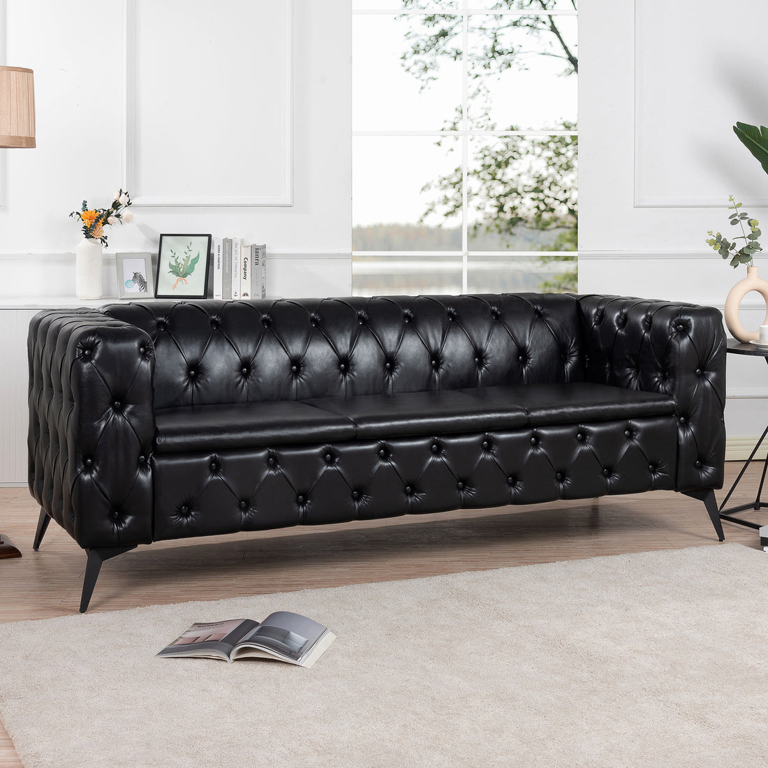 84.06 Inch Width Traditional Square Arm Removable Cushion 3 Seater Sofa Black Foam Pu