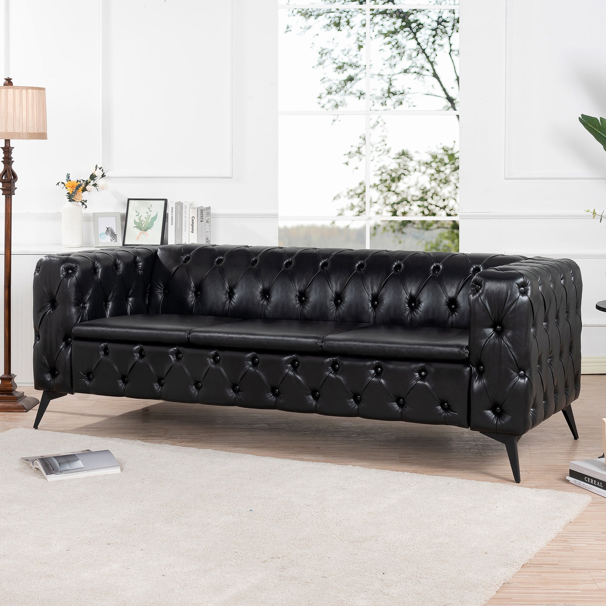 84.06 Inch Width Traditional Square Arm Removable Cushion 3 Seater Sofa Black Foam Pu