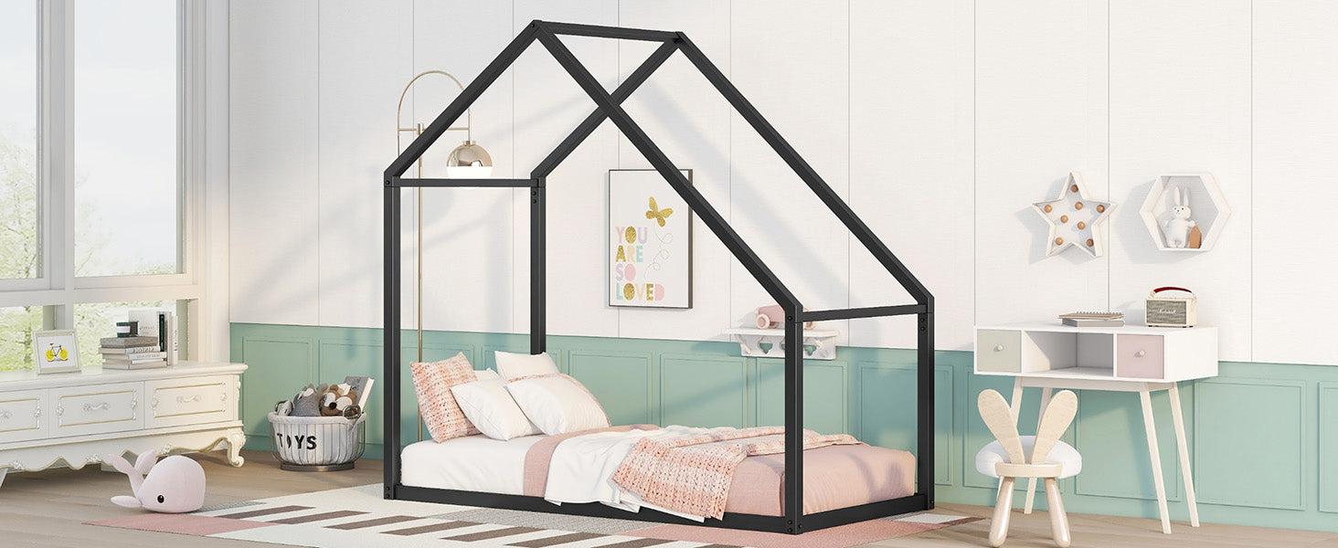 Twin Size Metal House Bed Kids Bed, Black Black Metal