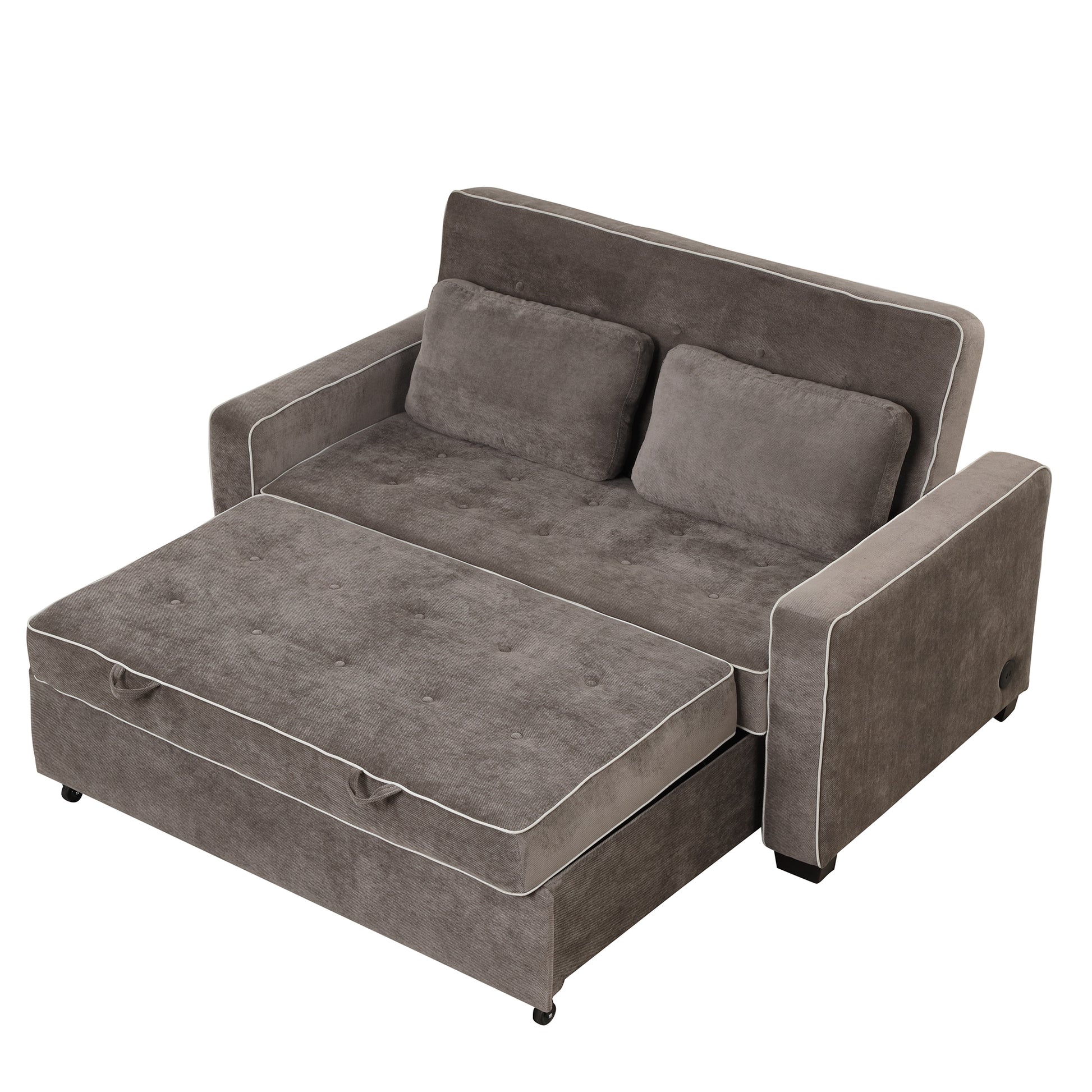 66.5" Linen Upholstered Sleeper Bedpull Out Sofa Bed Couch Attached Two Throw Pillows,Dual Usb Charging Port And Adjustable Backrest For Living Room Space,Brown Gray Brown Gray Foam Linen 2 Seat