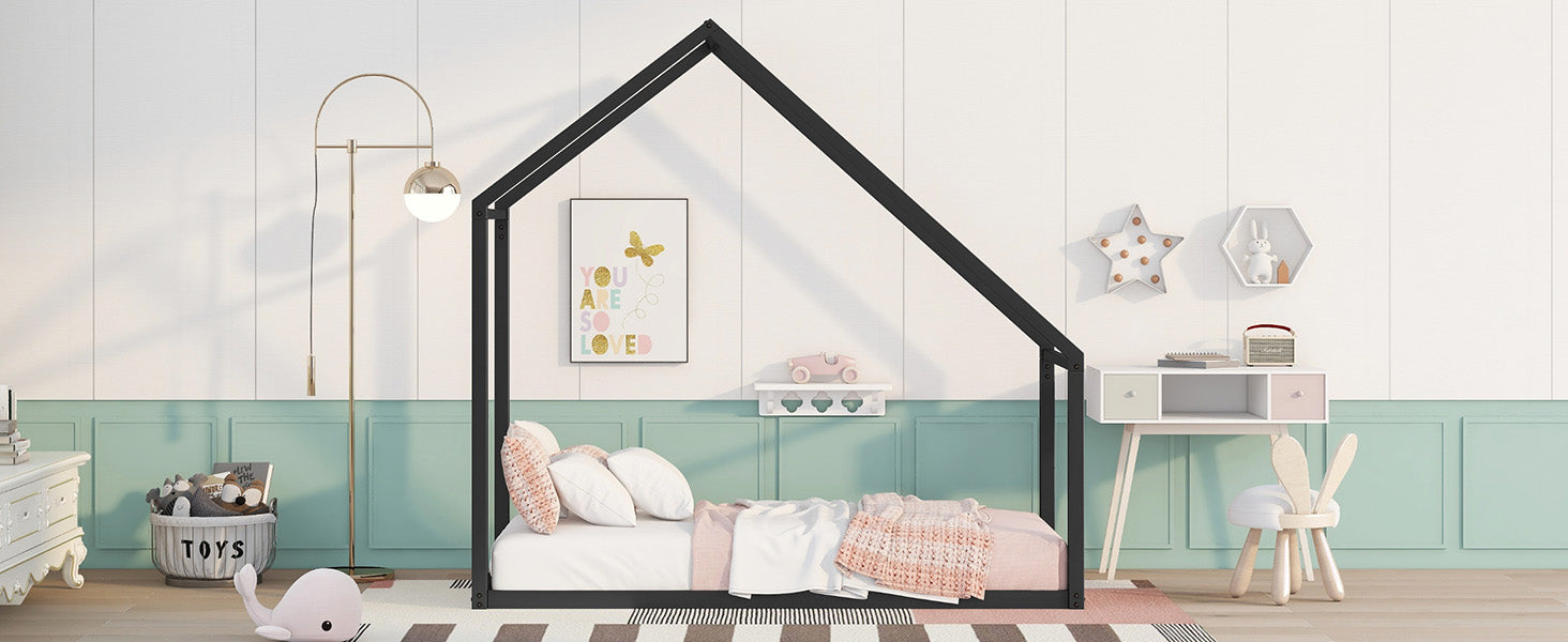 Twin Size Metal House Bed Kids Bed, Black Black Metal