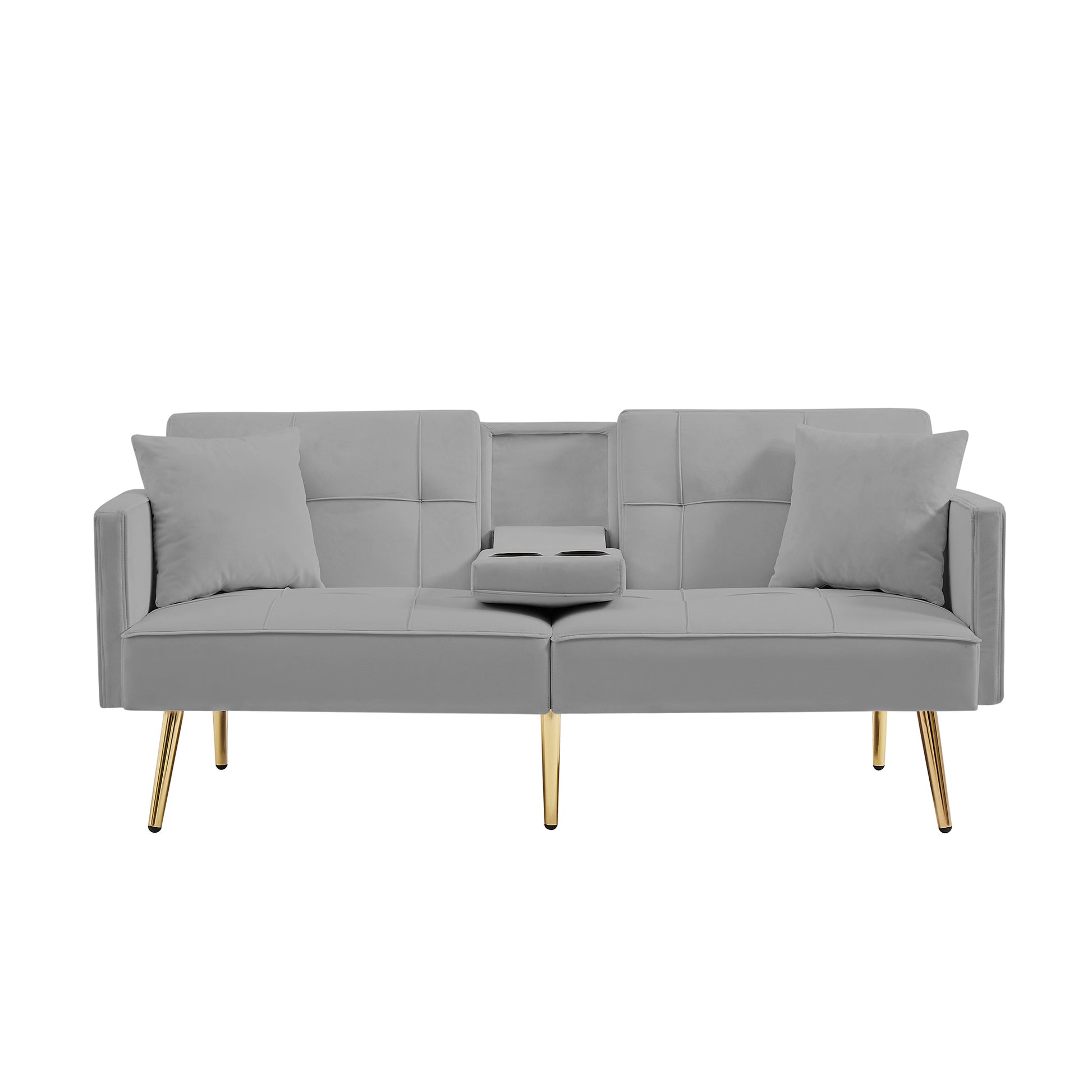 Grey Velvet Futon Sofa Bed With Gold Metal Legs Grey Velvet Wood Tufted Back Eucalyptus Square Arms Foam Velvet 2 Seat