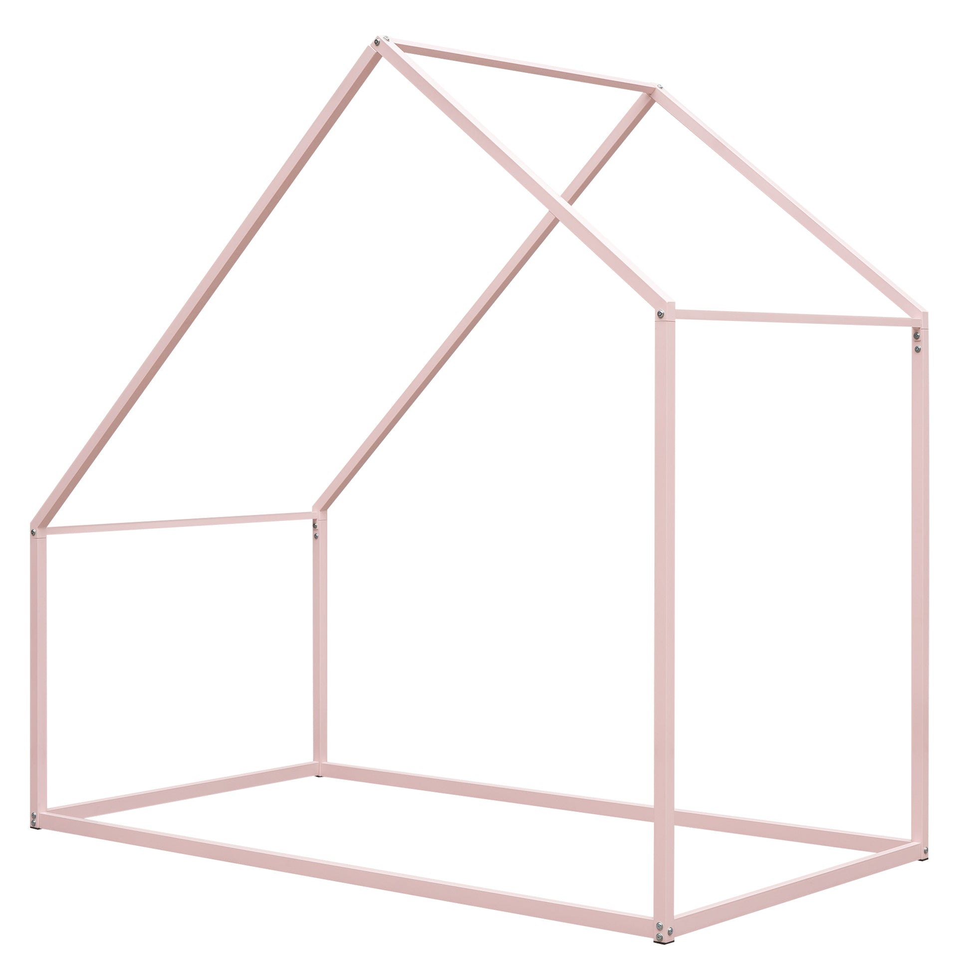 Twin Size Metal House Bed Kids Bed, Pink Pink Metal