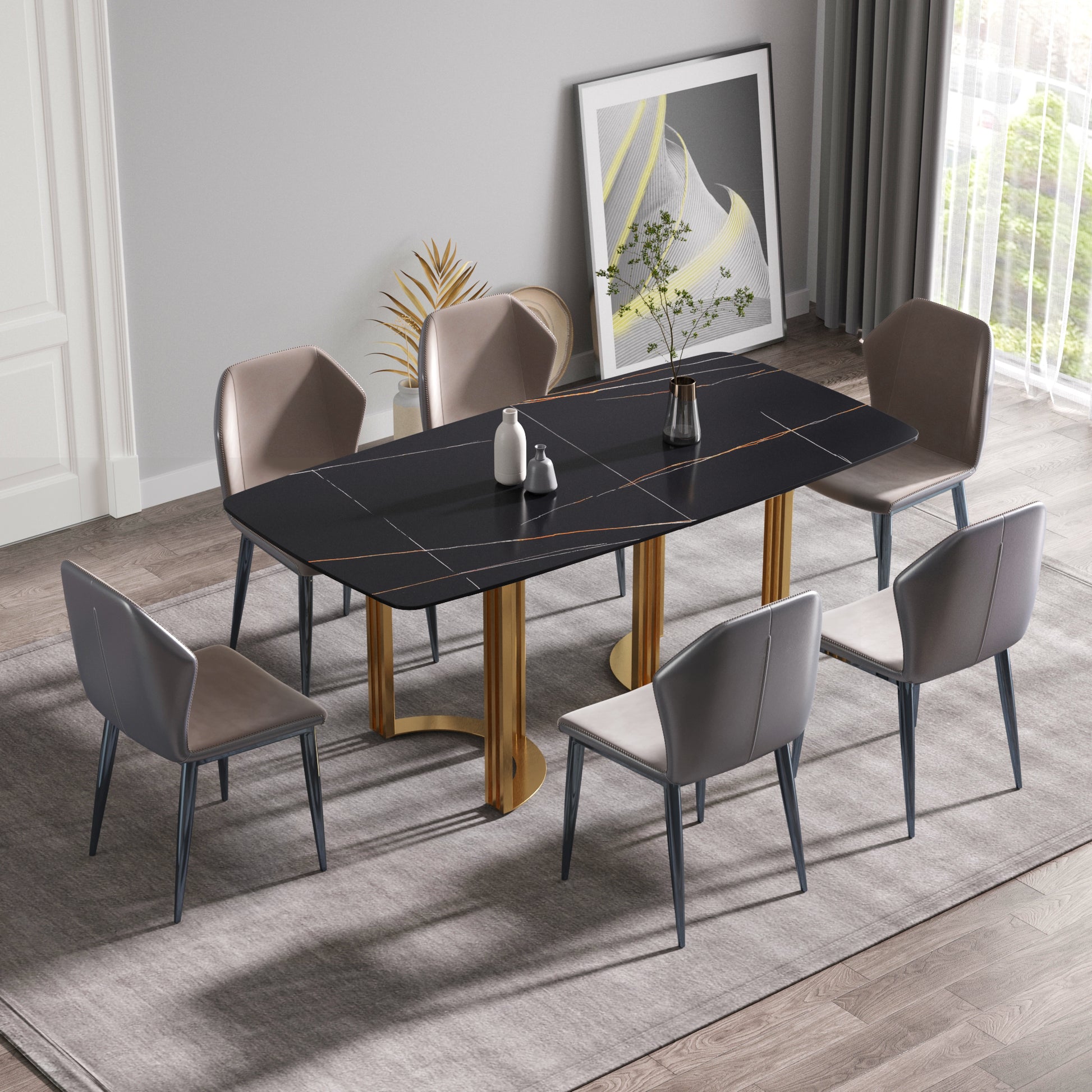 70.87"Modern Artificial Stone Black Curved Golden Metal Leg Dining Table Can Accommodate 6 8 People Black Metal Sintered Stone