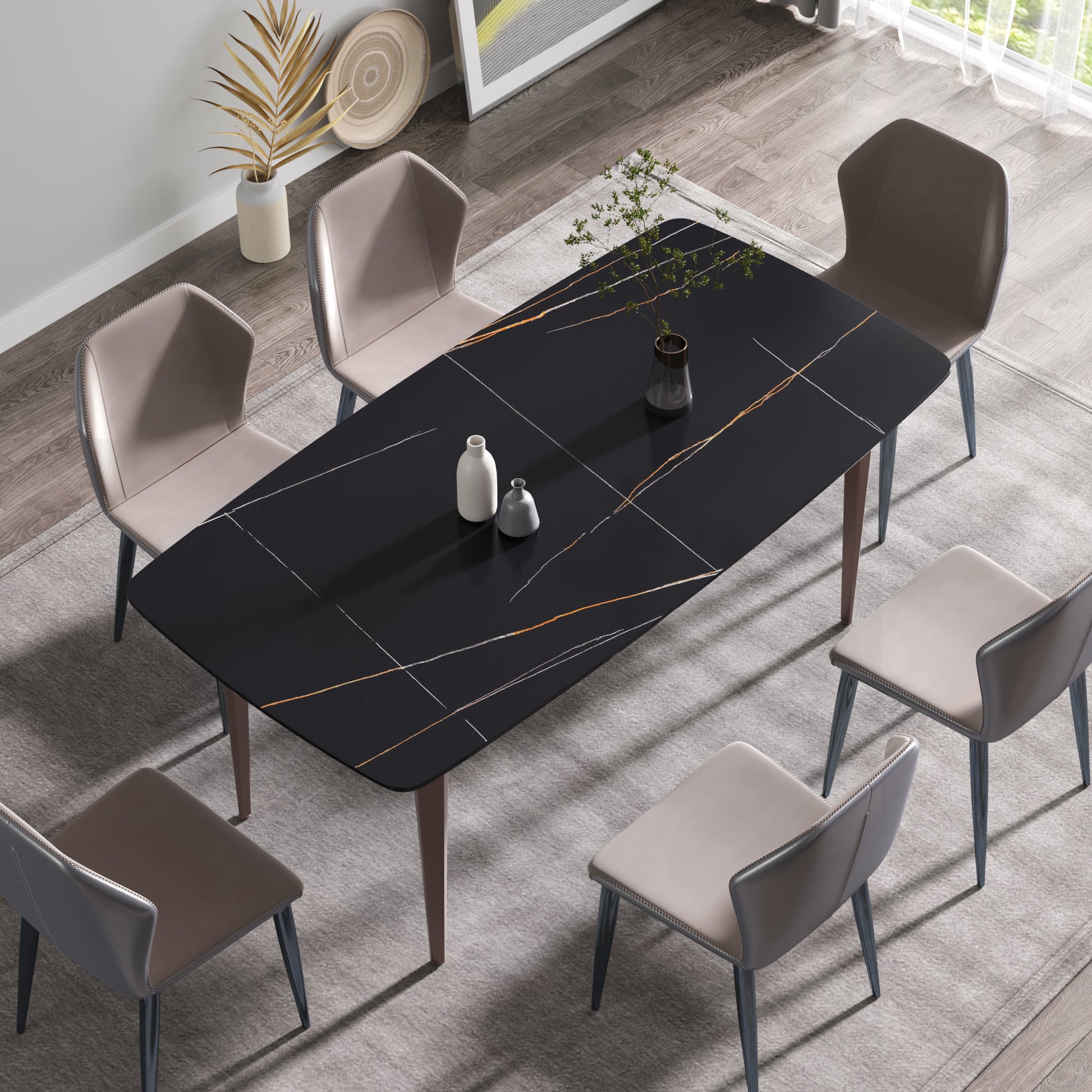 70.87"Modern Artificial Stone Black Curved Metal Leg Dining Table Can Accommodate 6 8 People Black Metal Sintered Stone
