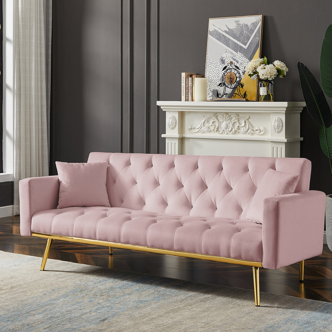 Pink Convertible Folding Futon Sofa Bedsleeper Sofa Couch For Compact Living Space. Pink Velvet