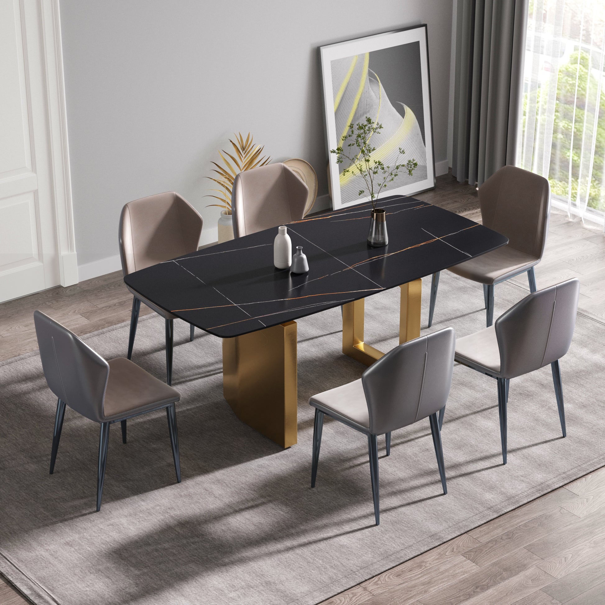 70.87"Modern Artificial Stone Black Curved Golden Metal Leg Dining Table Can Accommodate 6 8 People Black Metal Sintered Stone