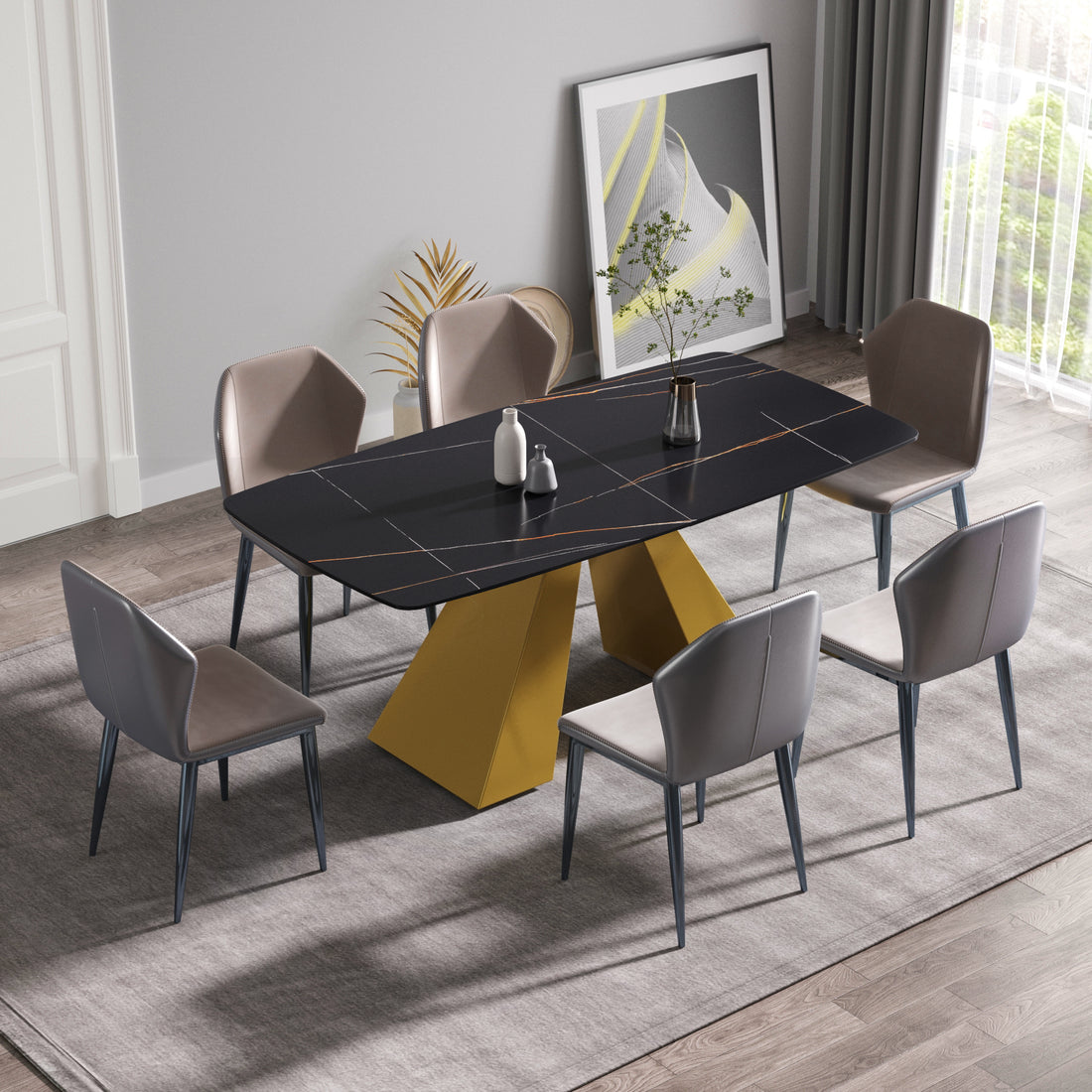 70.87"Modern Artificial Stone Black Curved Golden Metal Leg Dining Table Can Accommodate 6 8 People Black Metal Sintered Stone