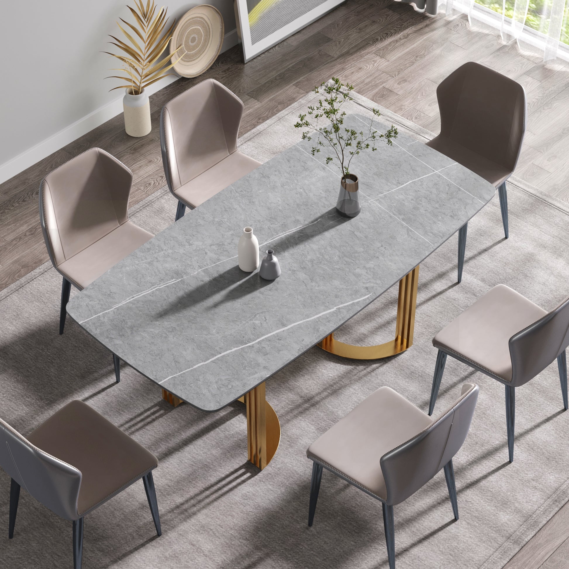 70.87"Modern Artificial Stone Gray Curved Golden Metal Leg Dining Table Can Accommodate 6 8 People Gray Metal Sintered Stone