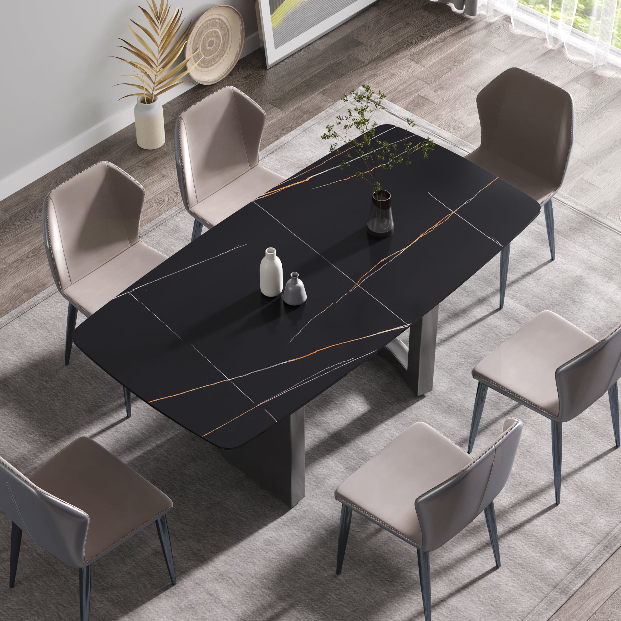 70.87"Modern Artificial Stone Black Curved Black Metal Leg Dining Table Can Accommodate 6 8 People Black Metal Sintered Stone