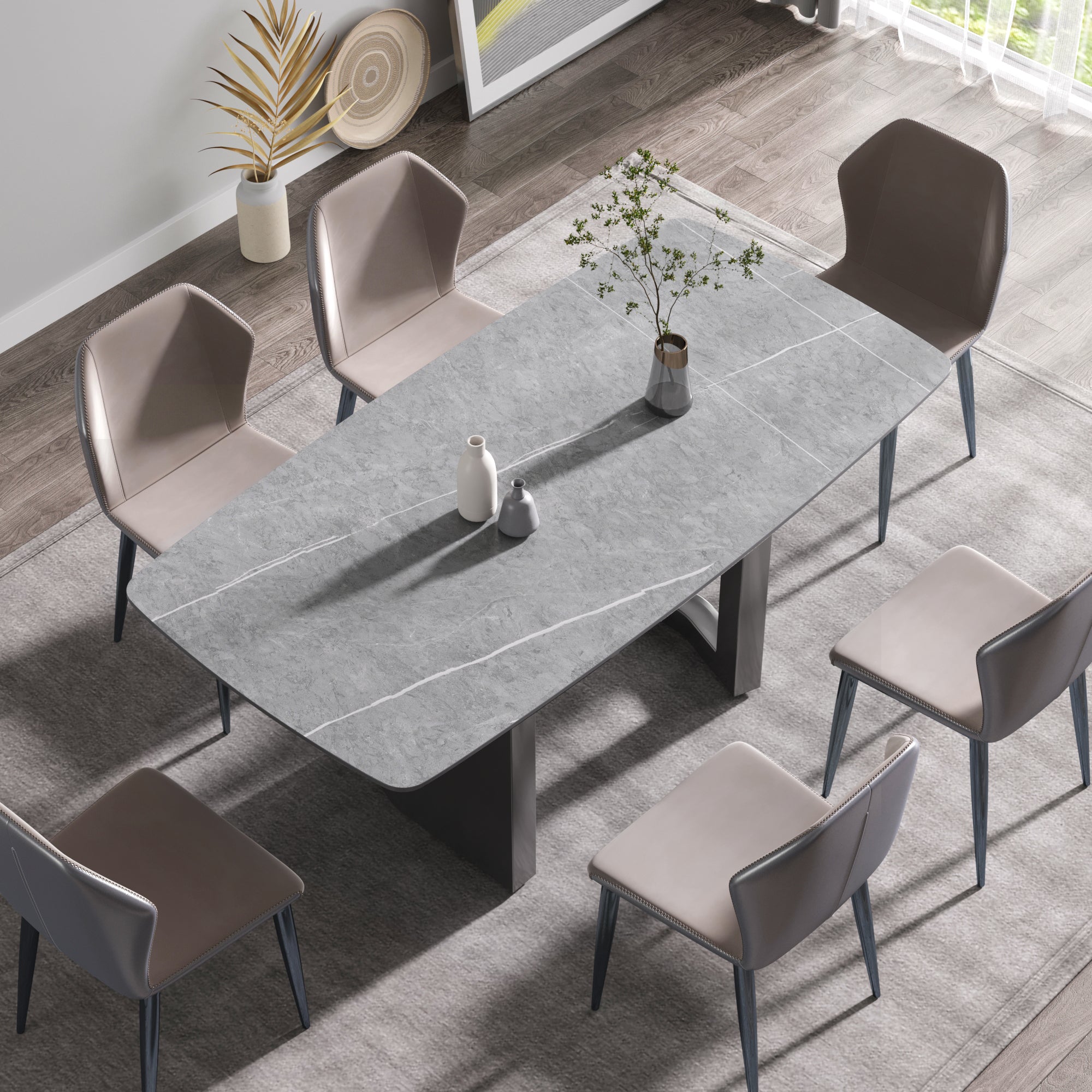 70.87"Modern Artificial Stone Gray Curved Black Metal Leg Dining Table Can Accommodate 6 8 People Gray Metal Sintered Stone