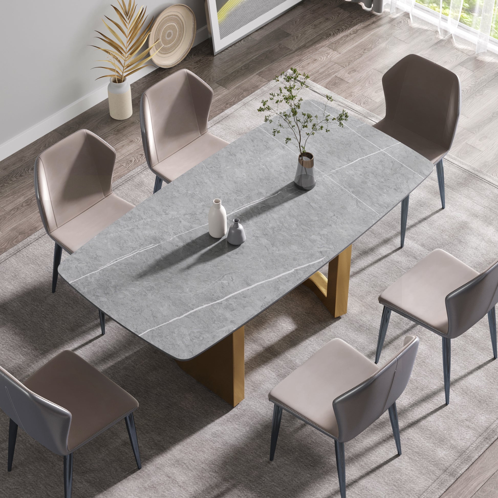 70.87"Modern Artificial Stone Gray Curved Golden Metal Leg Dining Table Can Accommodate 6 8 People Gray Metal Sintered Stone
